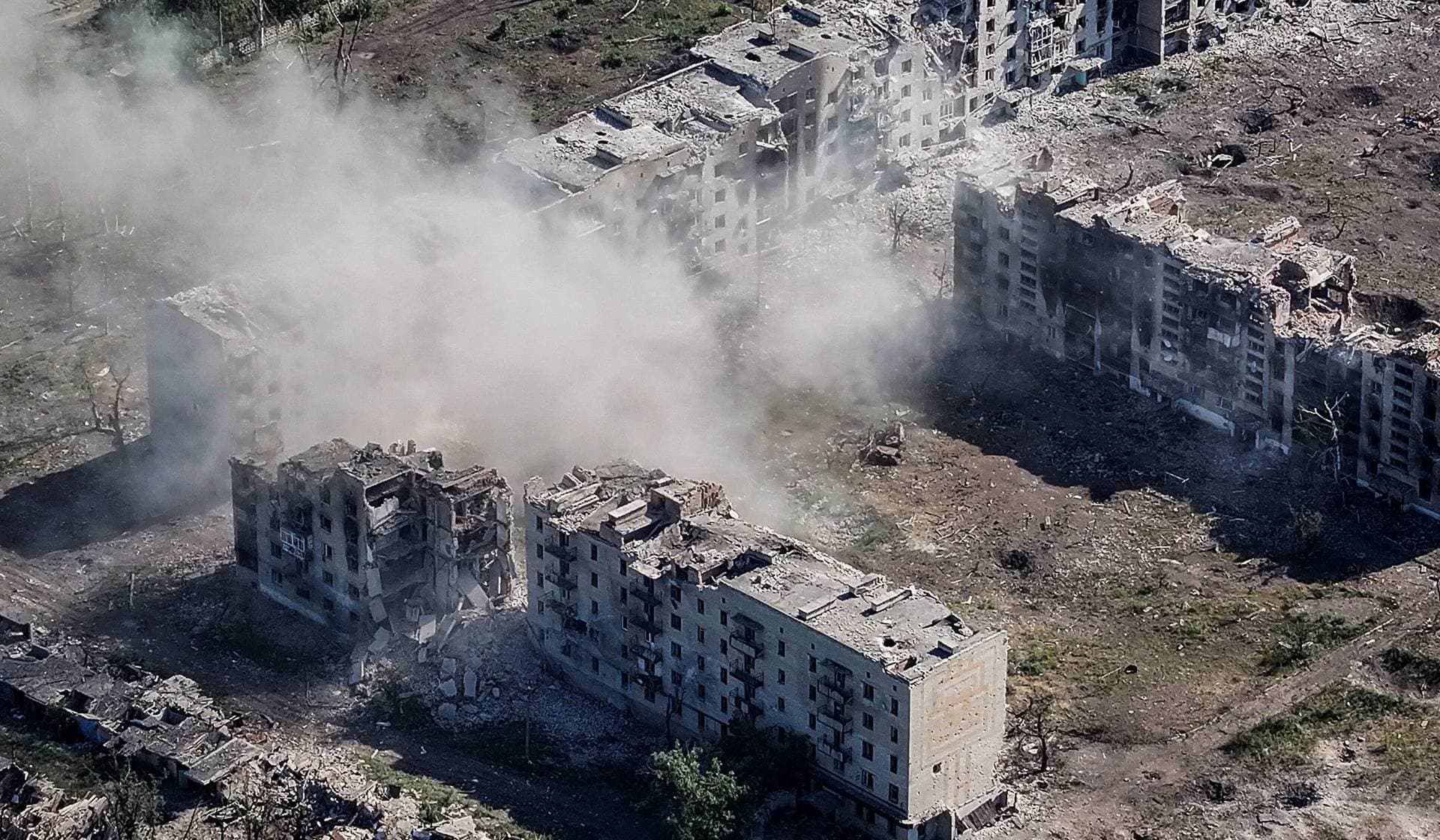Drone view of destroyed buildings in the frontline town of Chasiv Yar