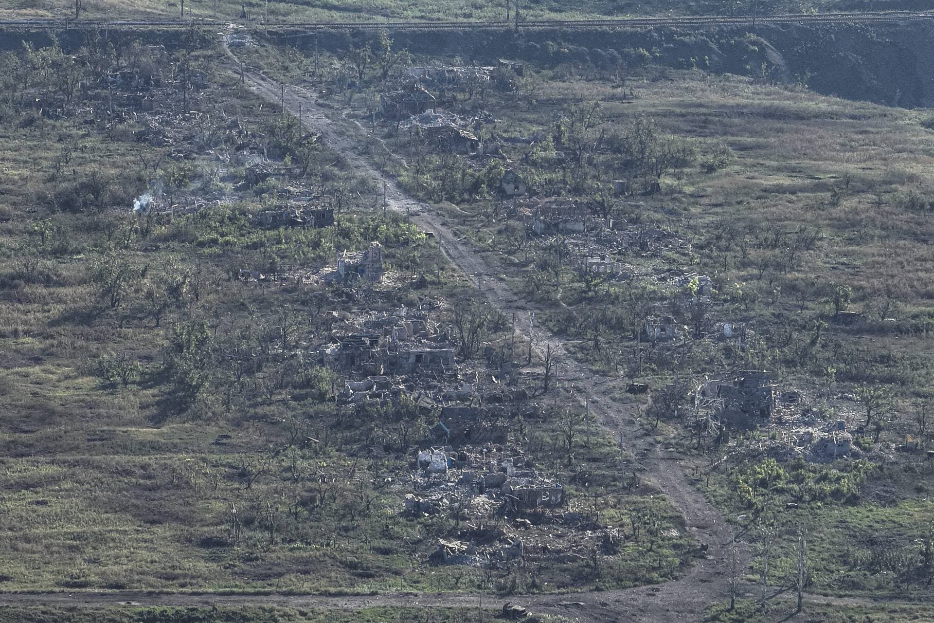 Houses are seen destroyed during the fighting between Russian and Ukrainian armed forces are seen in Andriivka