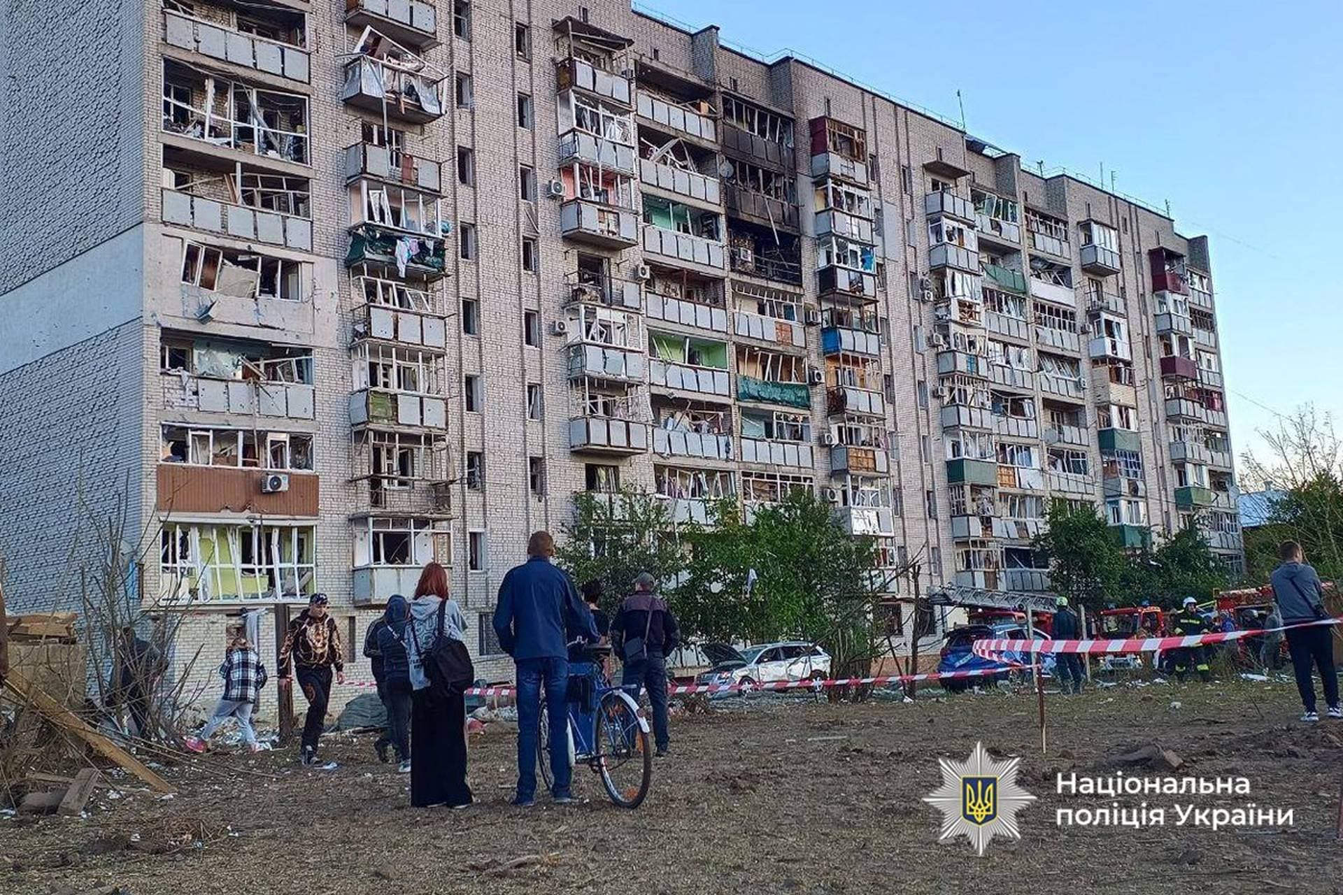 An apartment building damaged during Russian drone and missile strikes in Smila