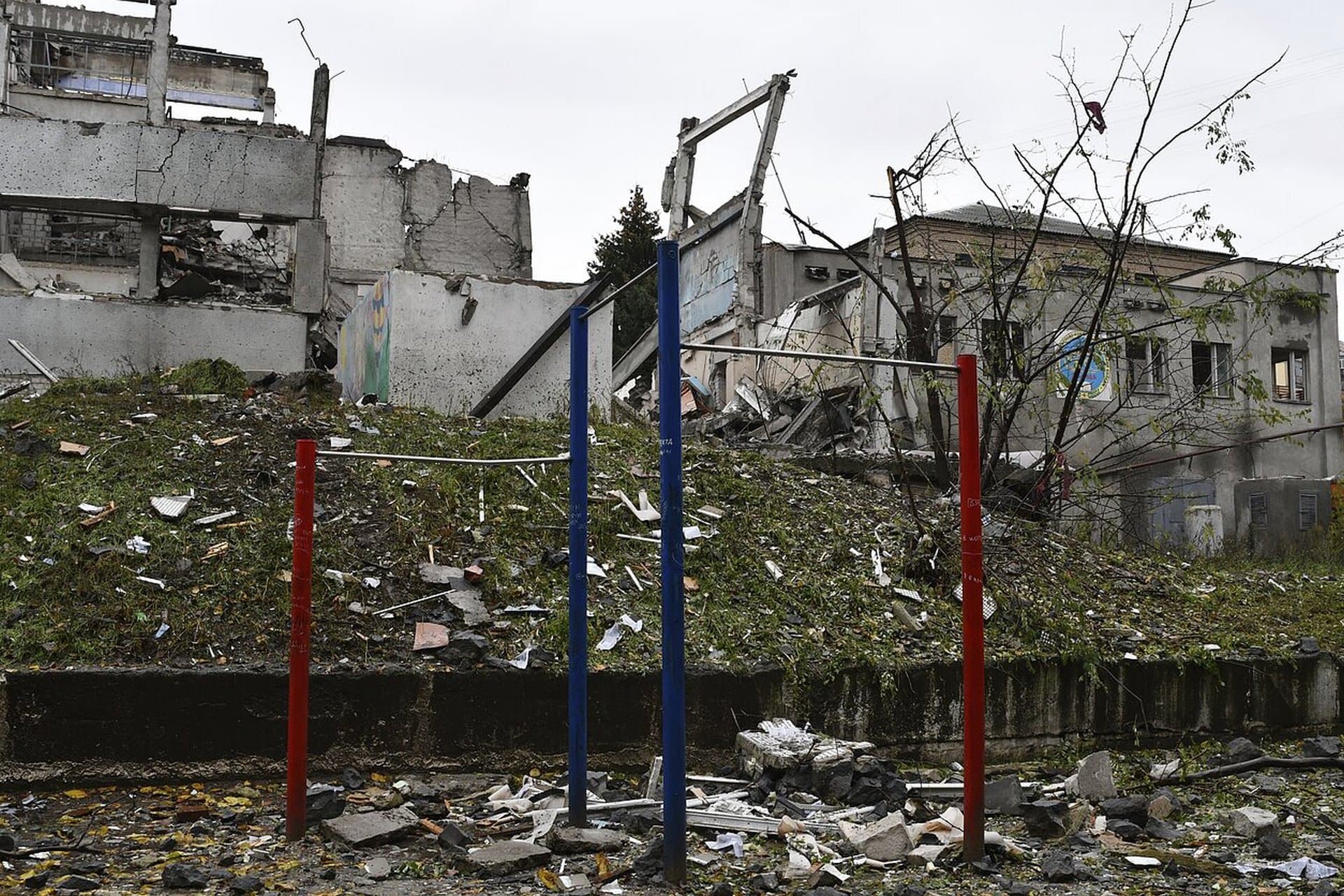 A view of buildings damaged by Russian shelling in Druzhkivka