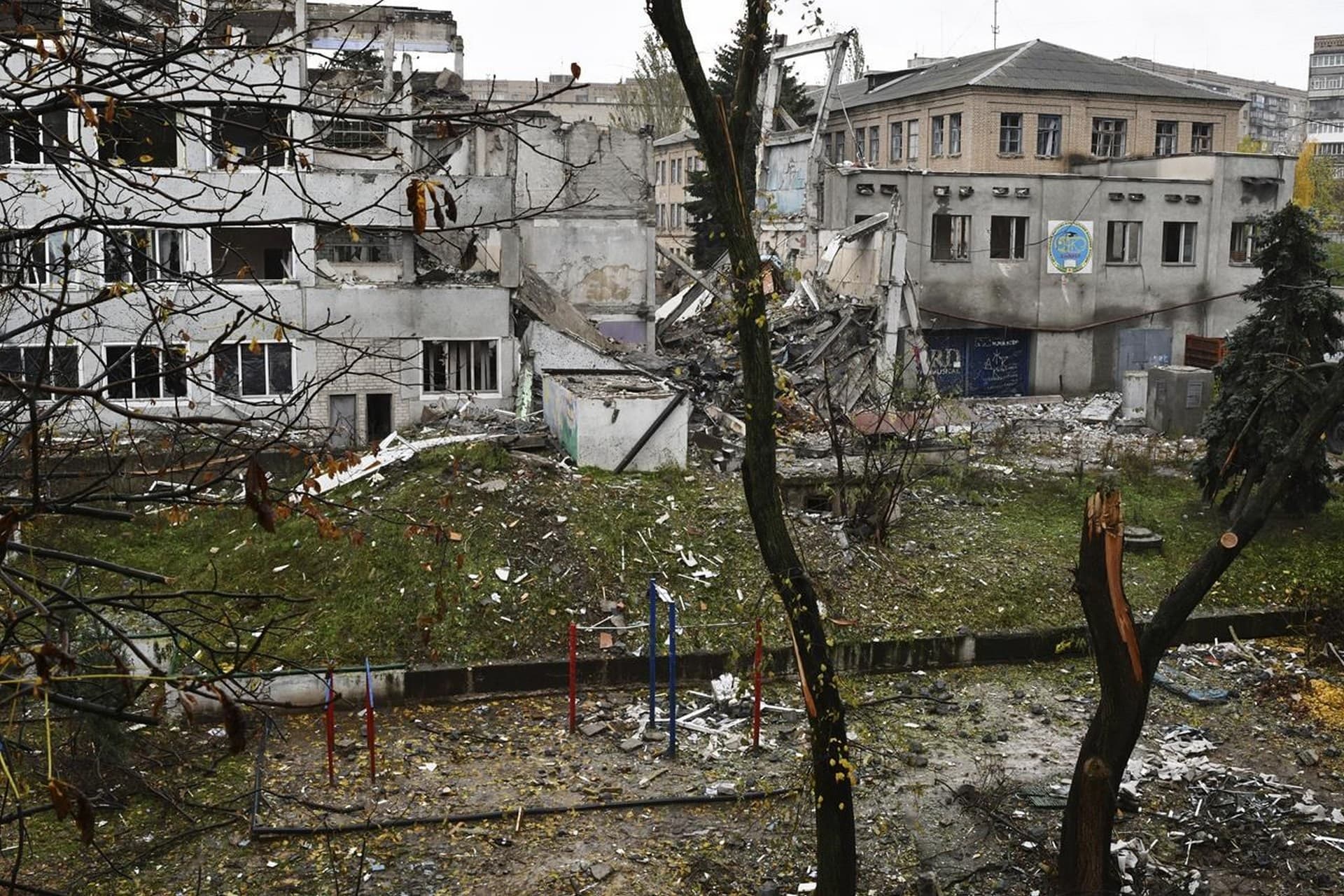A view of buildings damaged by Russian shelling in Druzhkivka