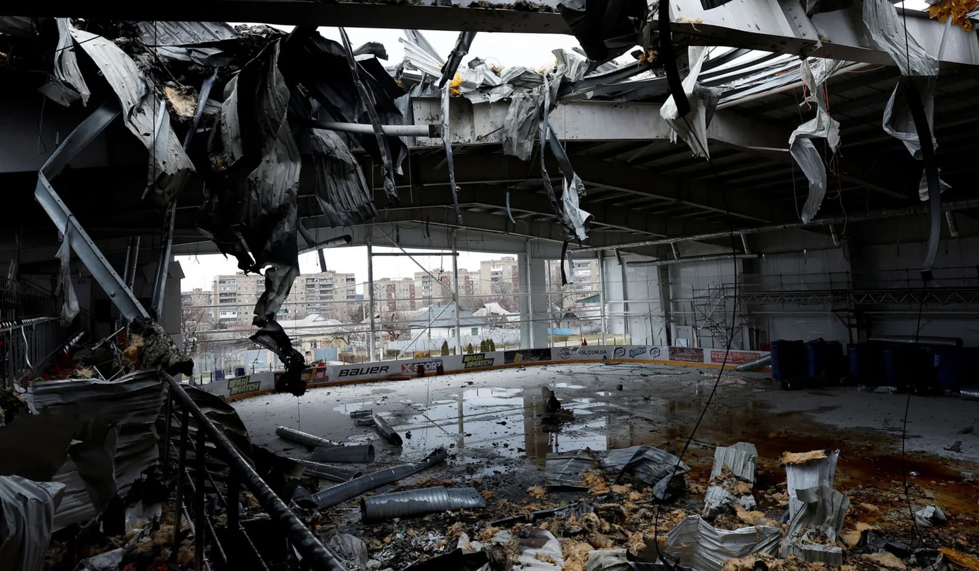 An ice arena destroyed from a missile strike in Druzhkivka