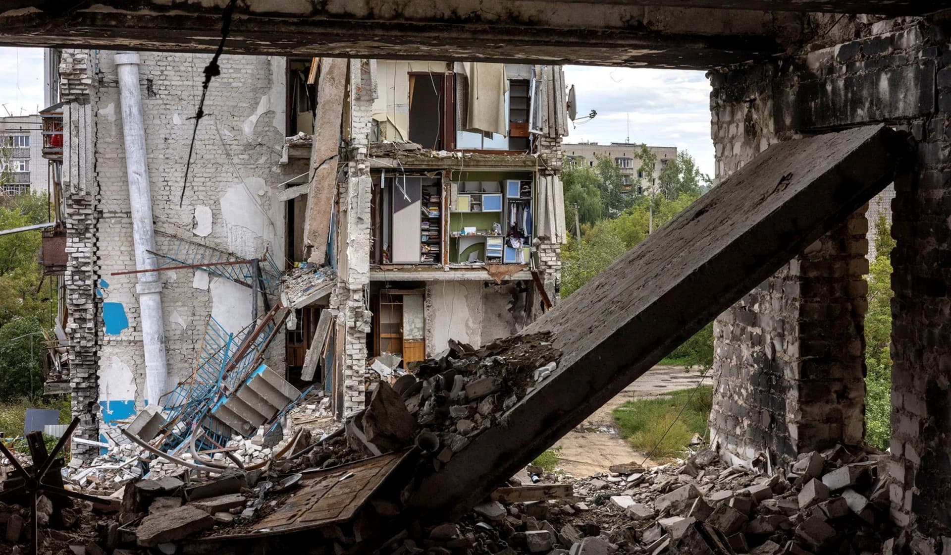 A destroyed building in the town of Izium