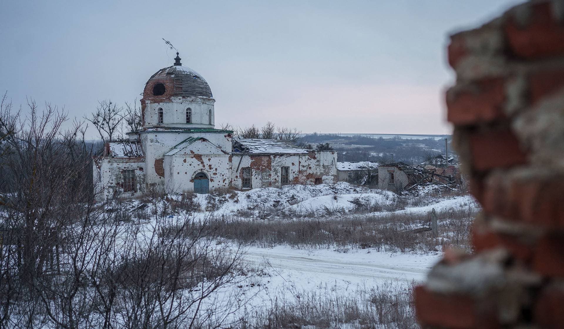 A church heavily damaged by Russian military strikes in the village of Mala Komyshyvakha in Kharkiv Region