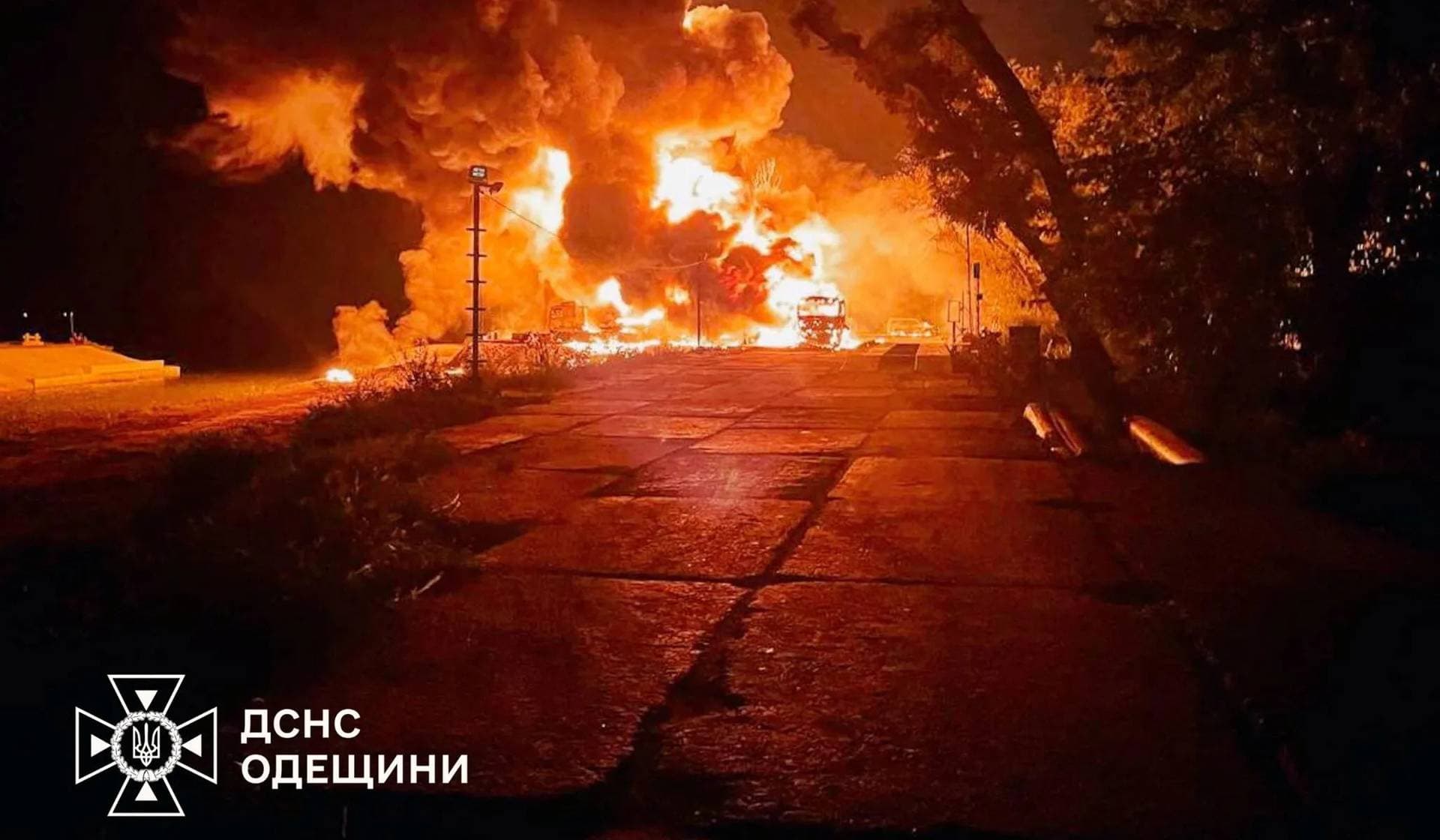 Flames and smoke rise in the aftermath of a Russian drone strike in a location given as Izmail