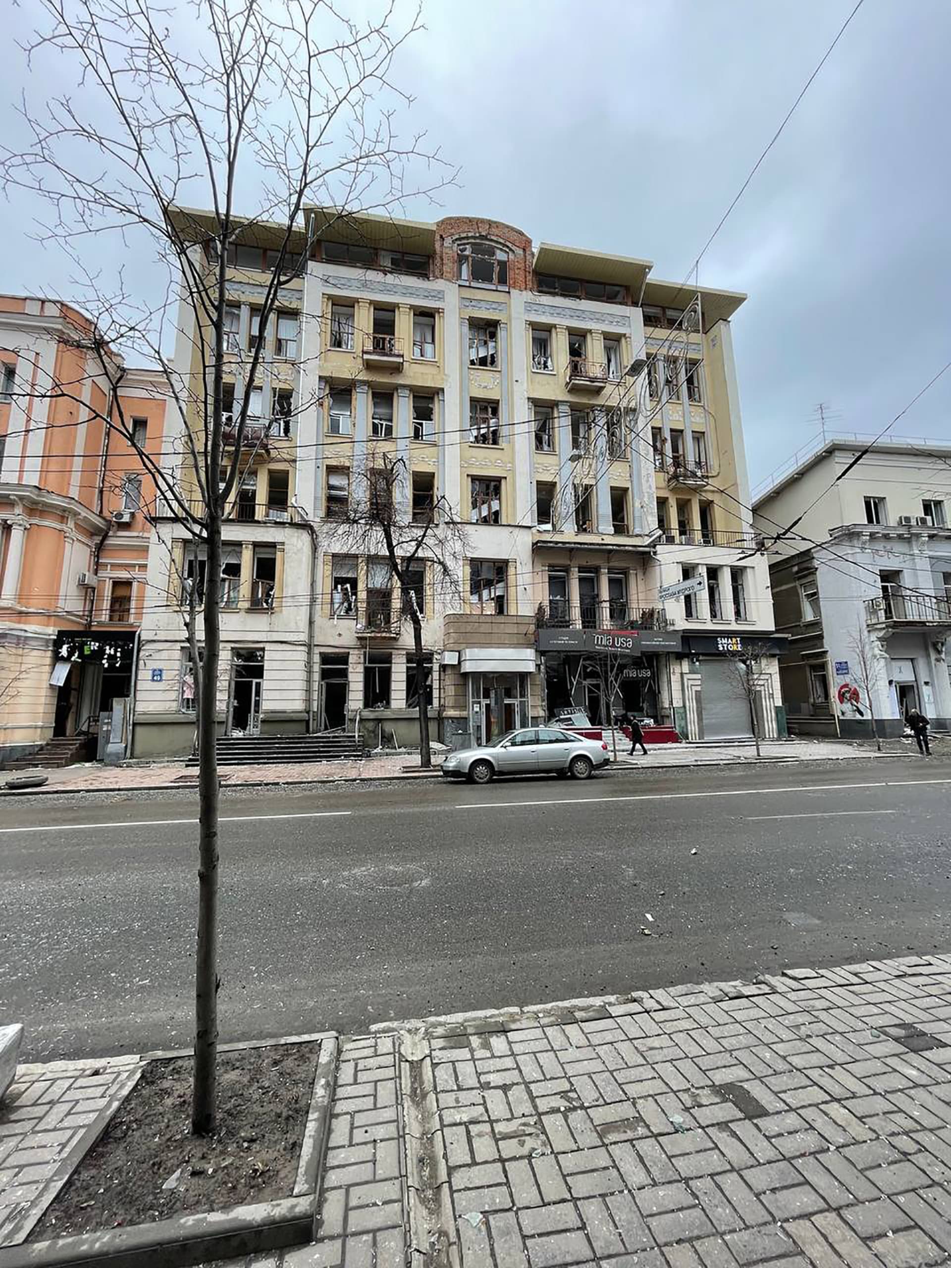 Destroyed buildings on the streets of Kharkiv