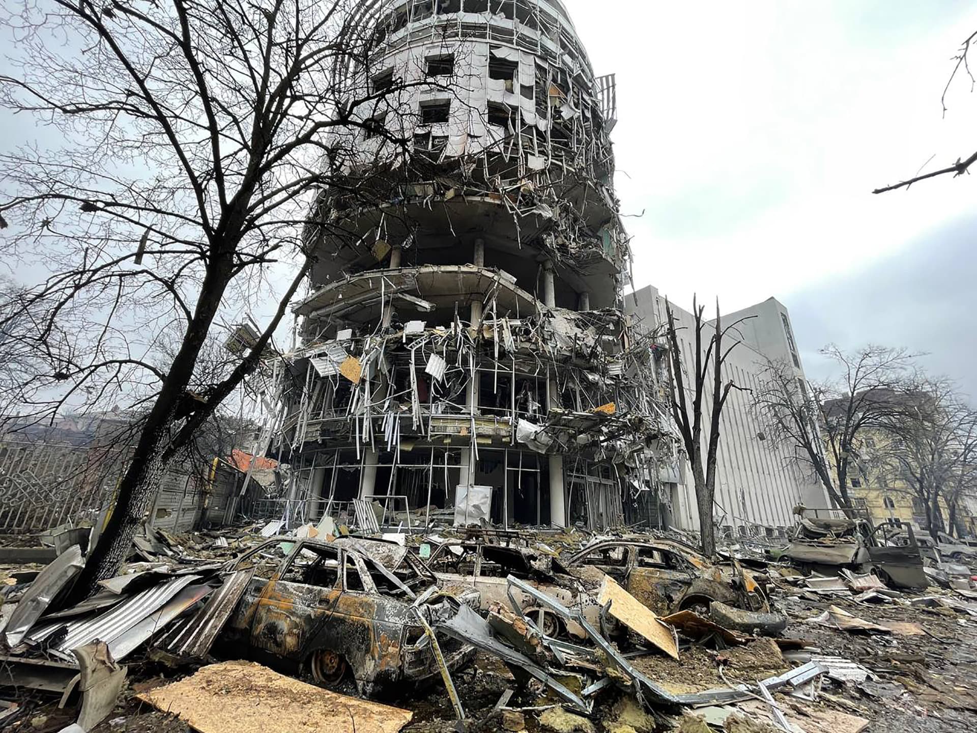 Destroyed buildings on the streets of Kharkiv