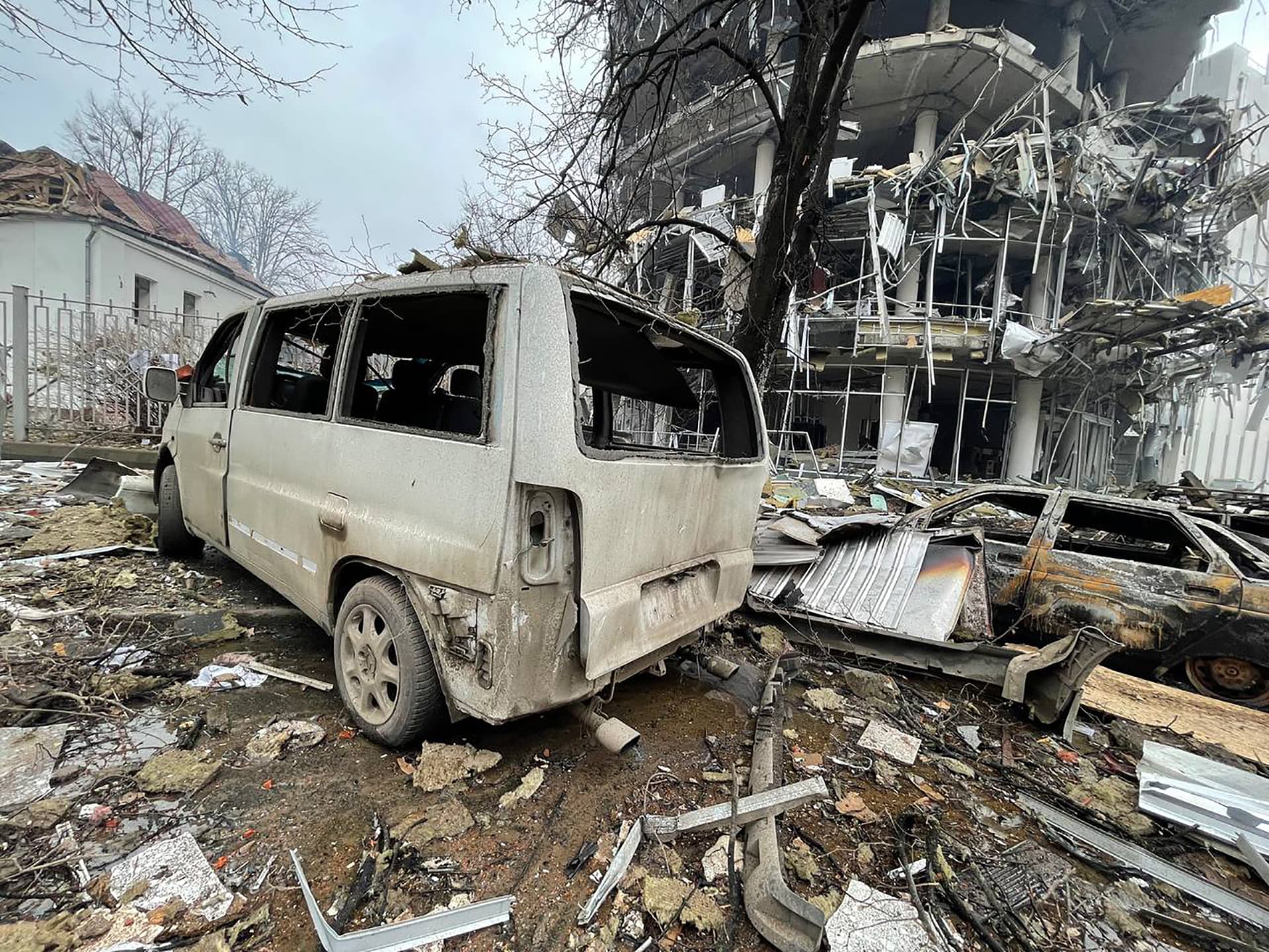 Destroyed buildings on the streets of Kharkiv