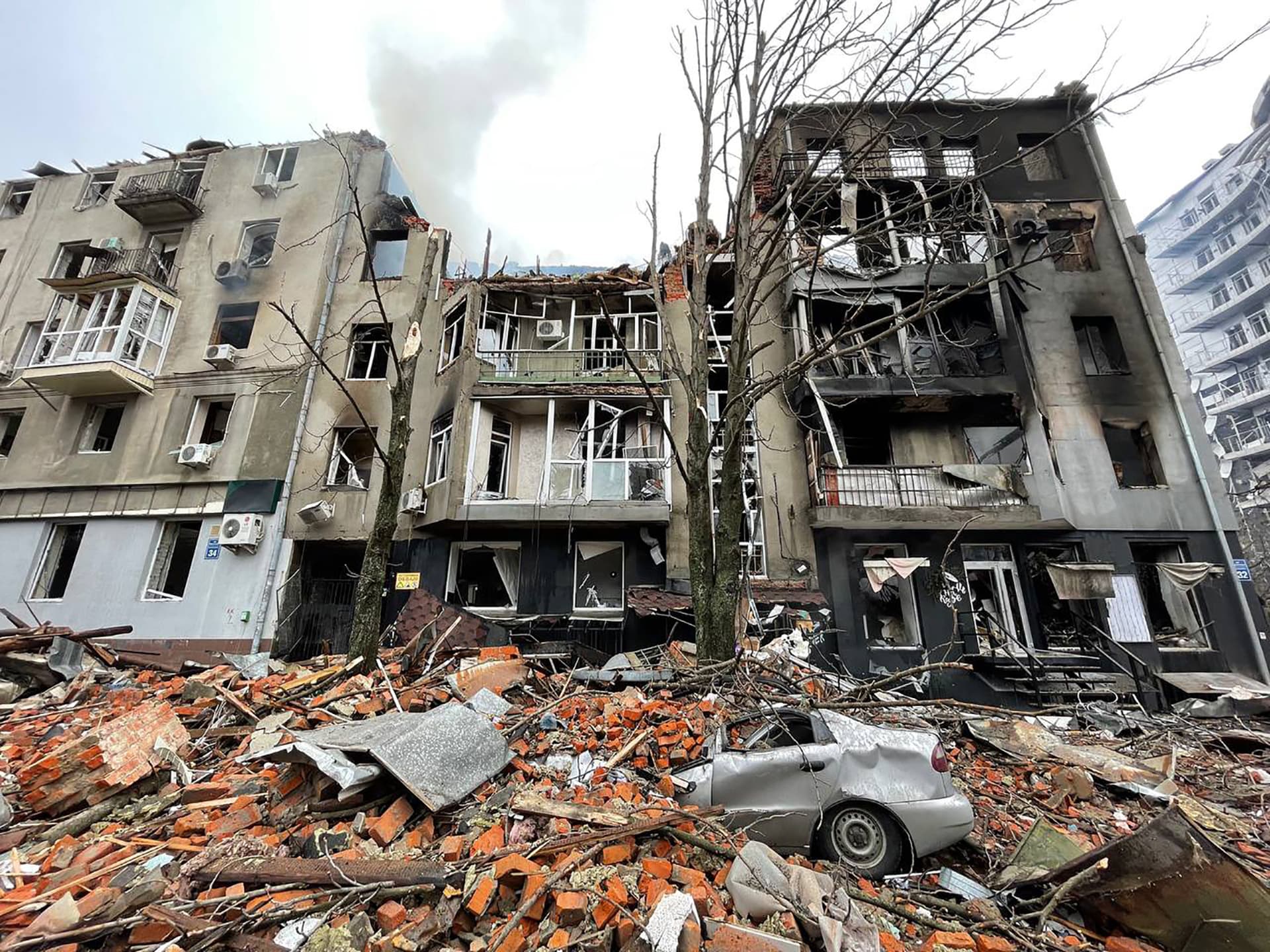 Destroyed buildings on the streets of Kharkiv