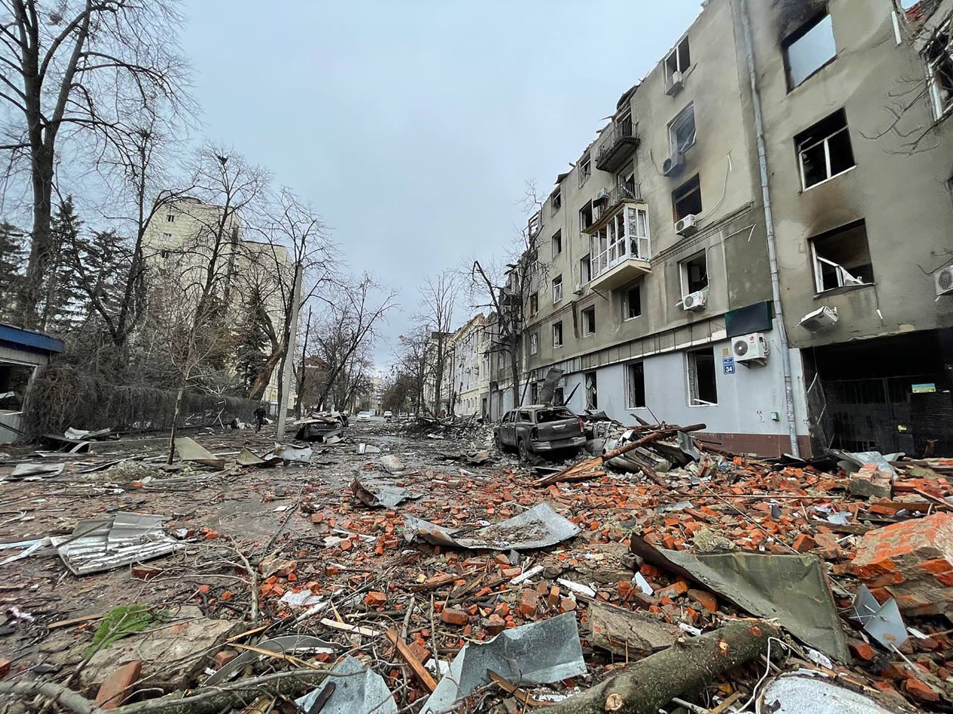 Destroyed buildings on the streets of Kharkiv