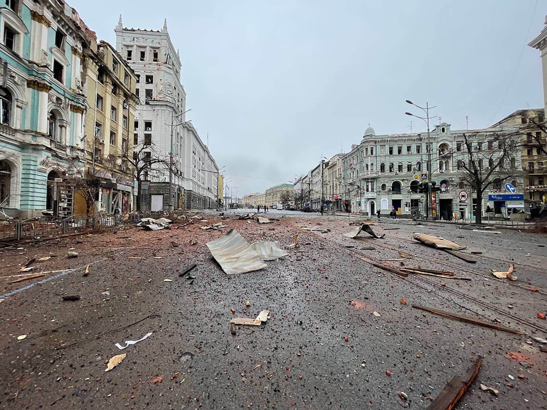 Destroyed buildings on the streets of Kharkiv