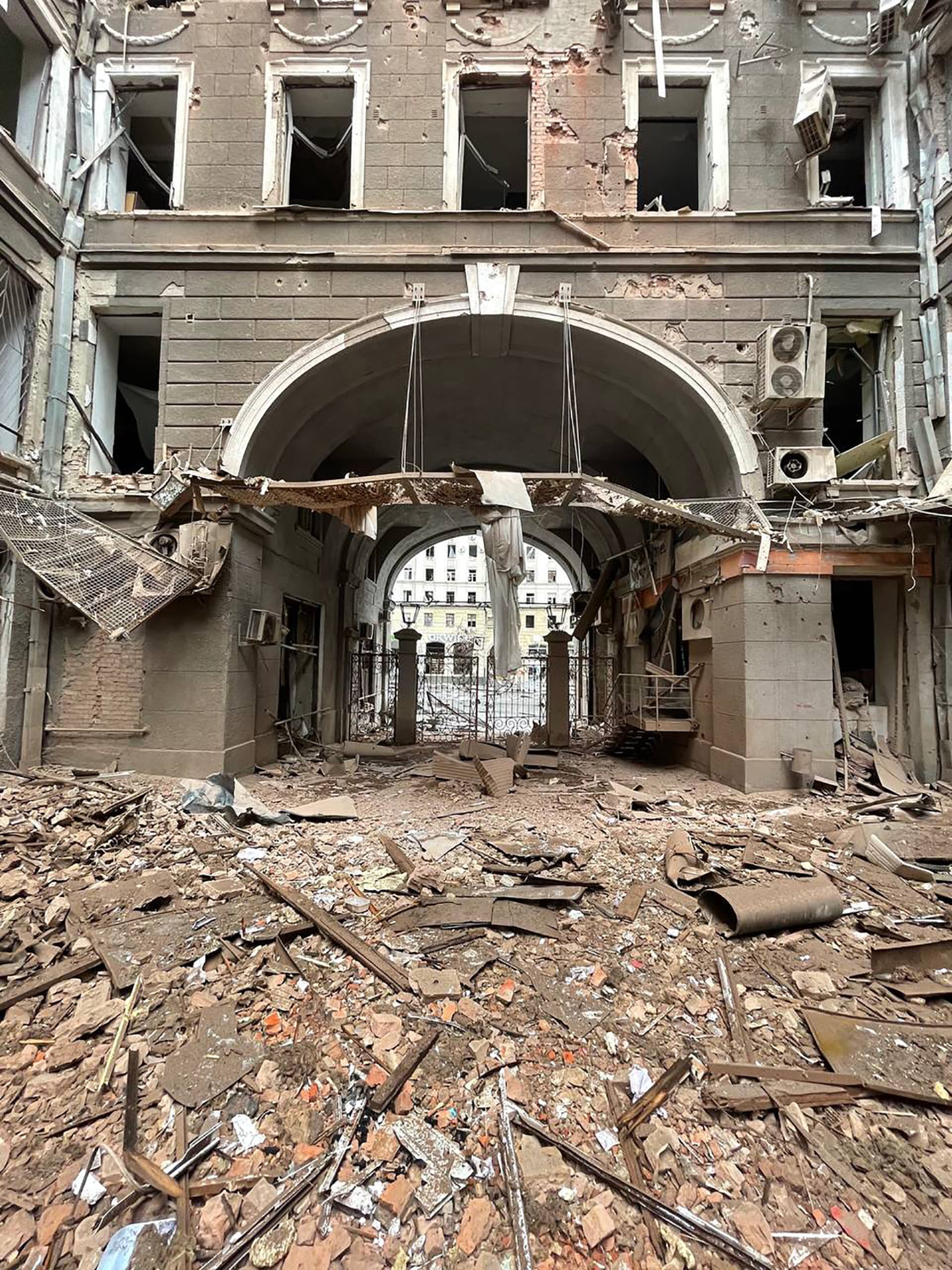 Destroyed buildings on the streets of Kharkiv