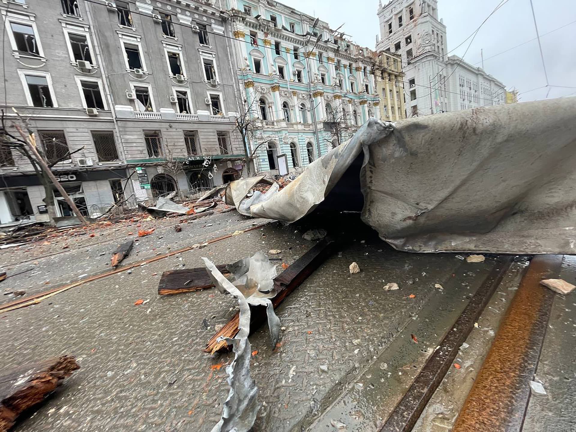 Destroyed buildings on the streets of Kharkiv