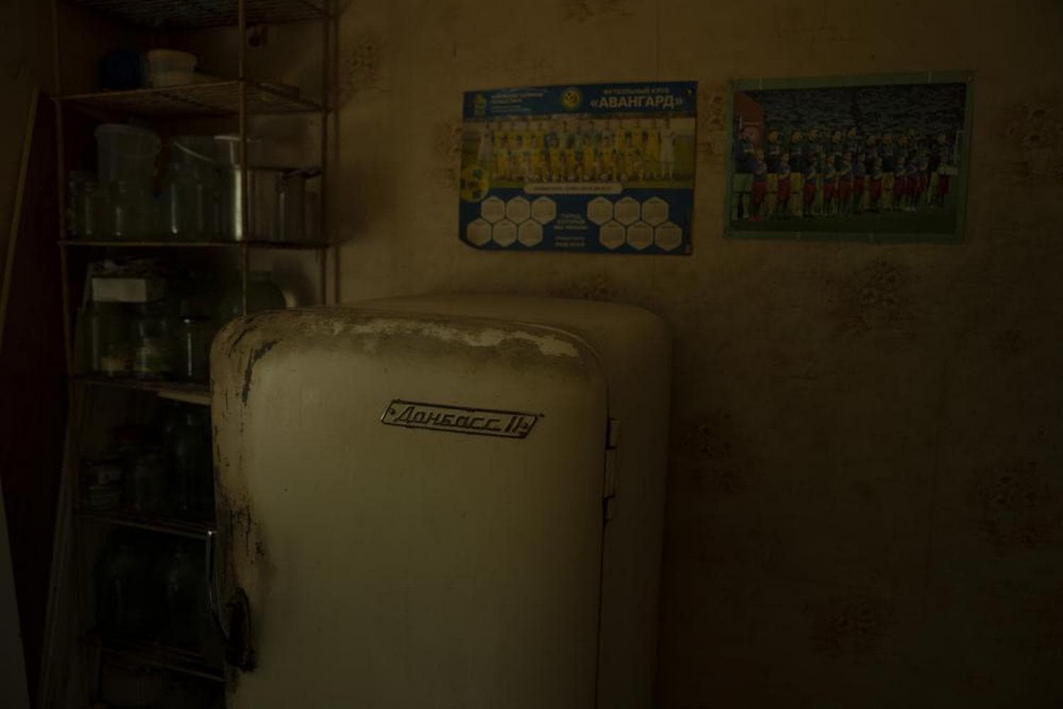 The kitchen of Seventy-year-old pensioner Valerii Ilchenko, who lives alone and is refusing to evacuate, in his apartment, in Kramatorsk
