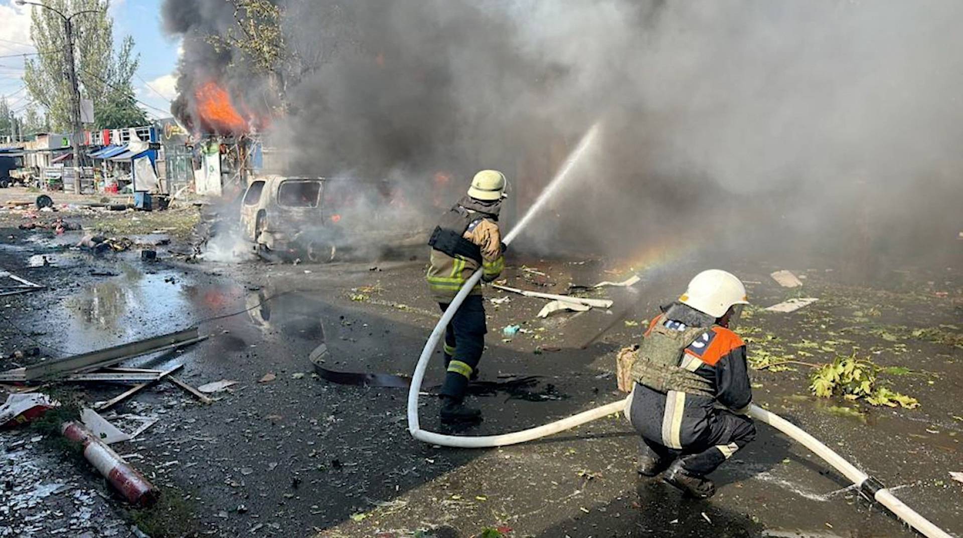 Emergency services respond following an attack on the city of Kostiantynivka