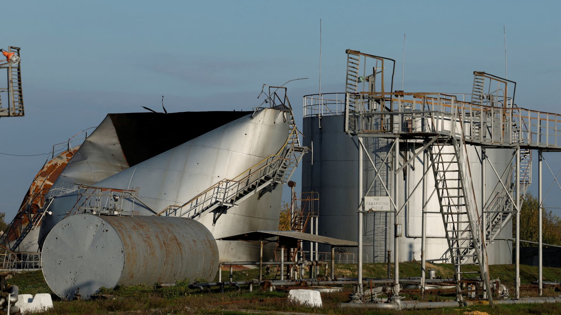 Fuel tanks damaged by Russian strikes in the recently retaken town of Kupiansk
