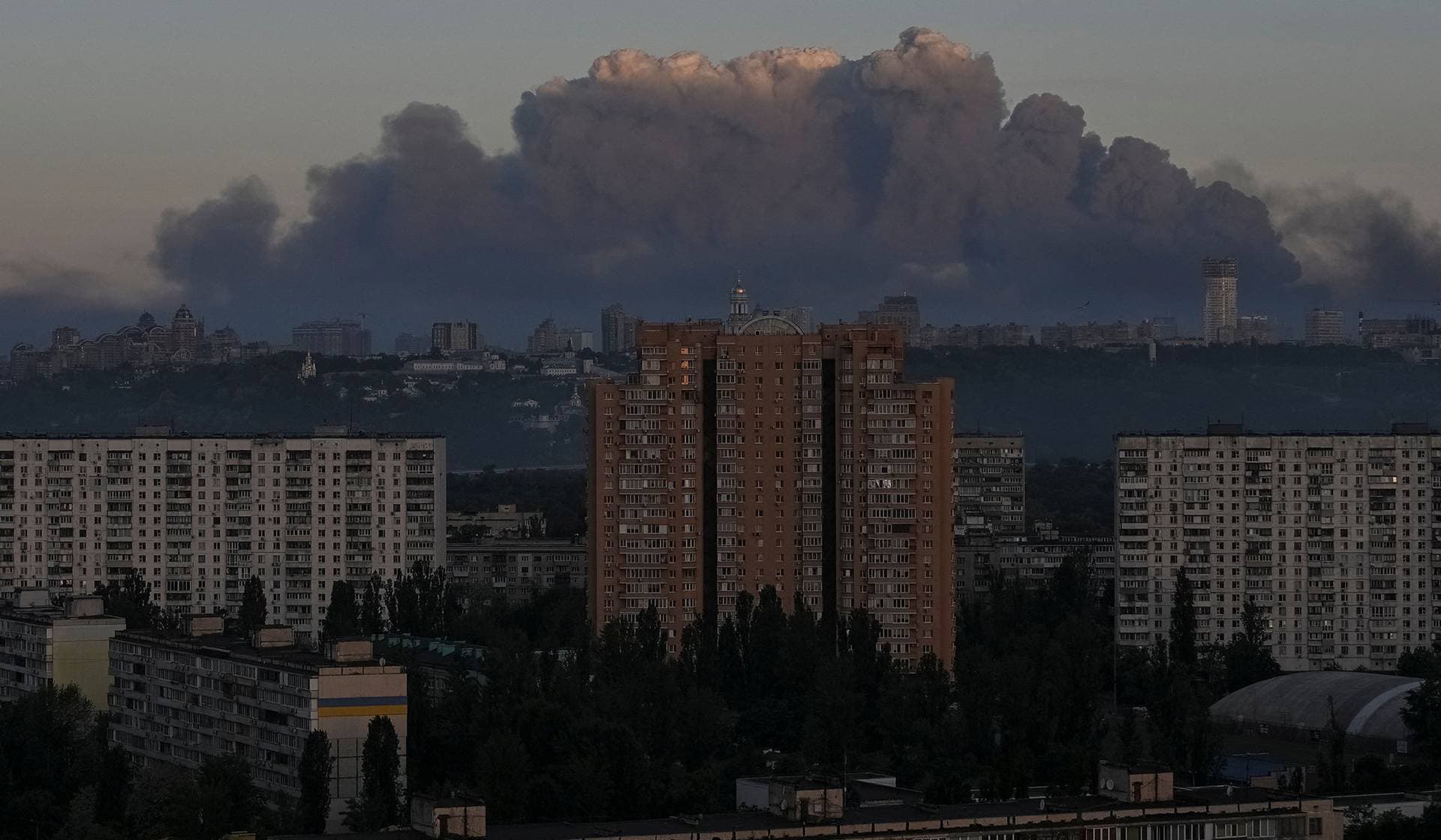 Smoke rises in the city during a Russian missile and drone strike in Kyiv