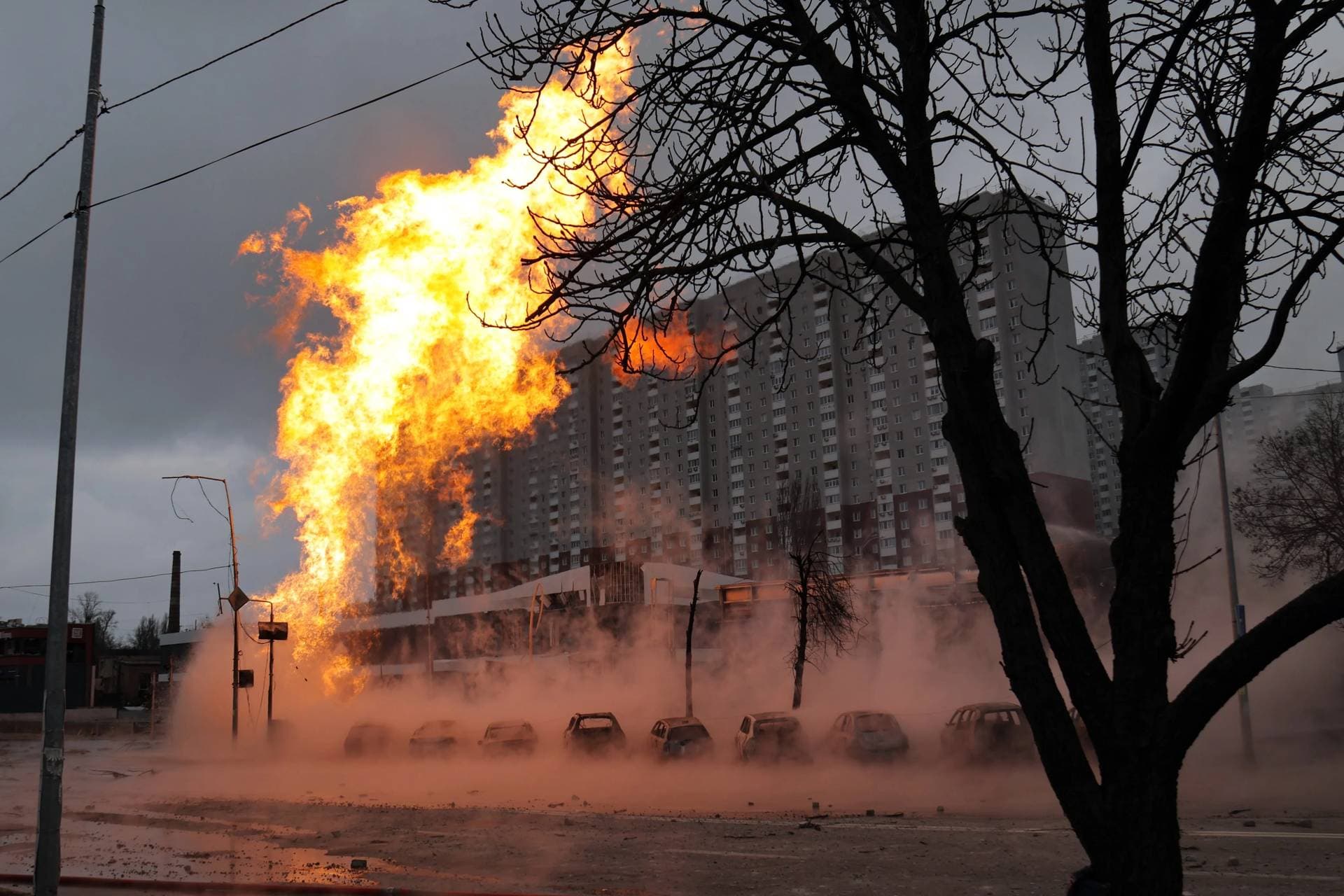 Missile traces in the sky over the city after a Russian missile strike in Kyiv