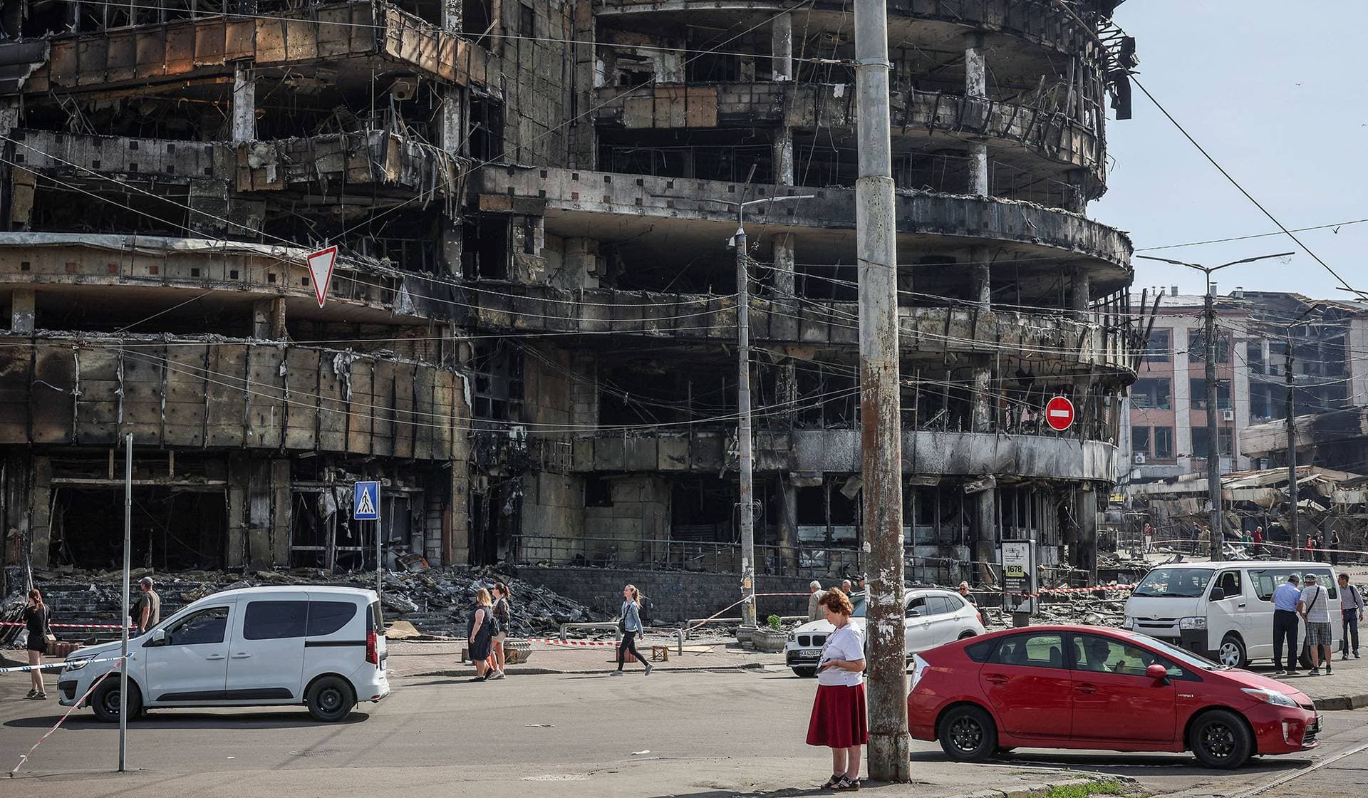 A destroyed shopping mall hit during the previous day's Russian missile and drone attack in Kyiv