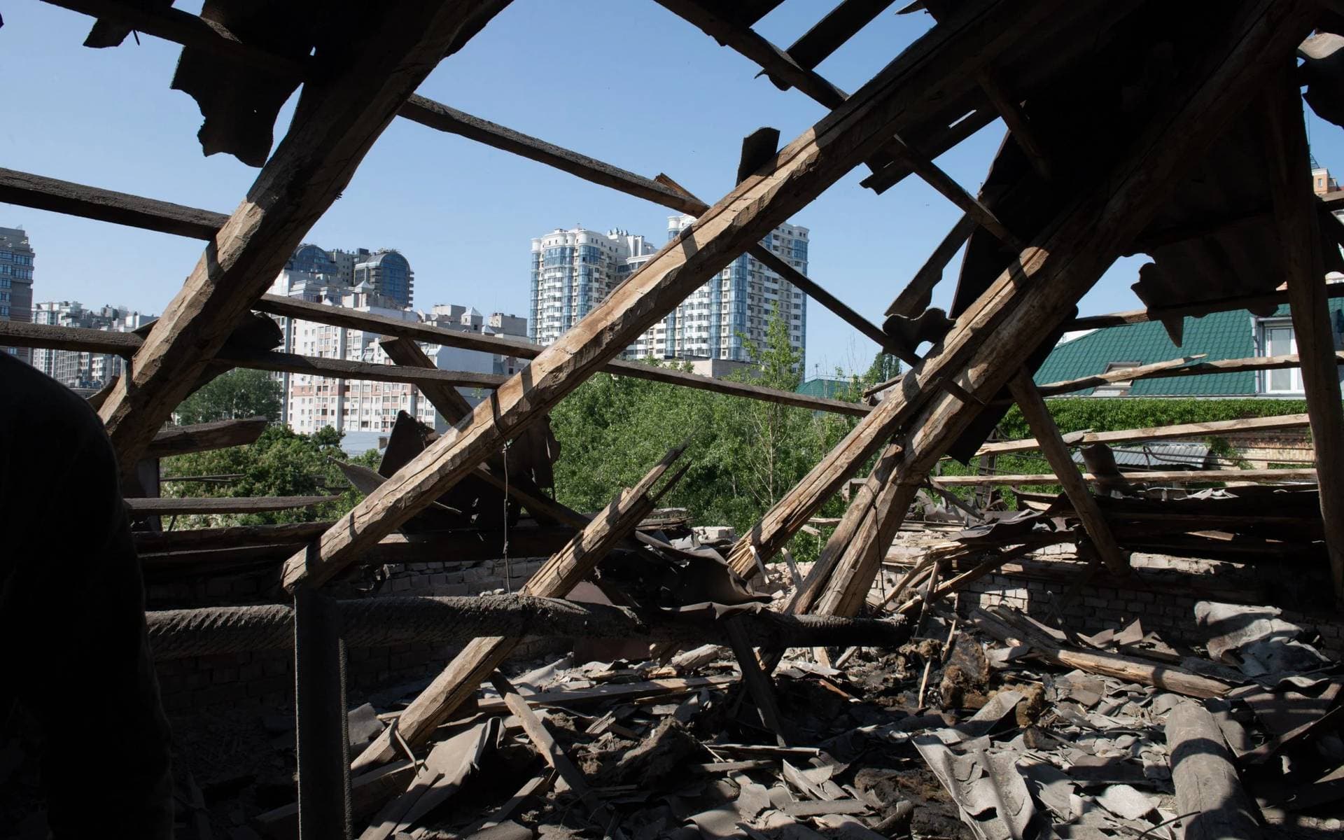 A destroyed building in Kyiv after the drone attacks