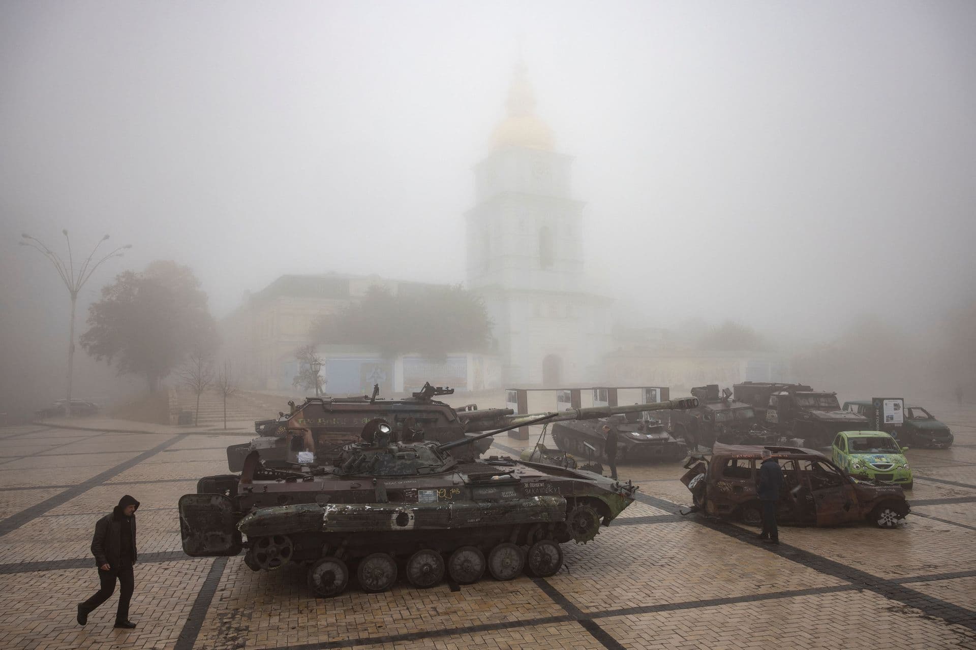 Young Ukrainian military cadets visit an exhibition displaying destroyed Russian armour in Kyiv