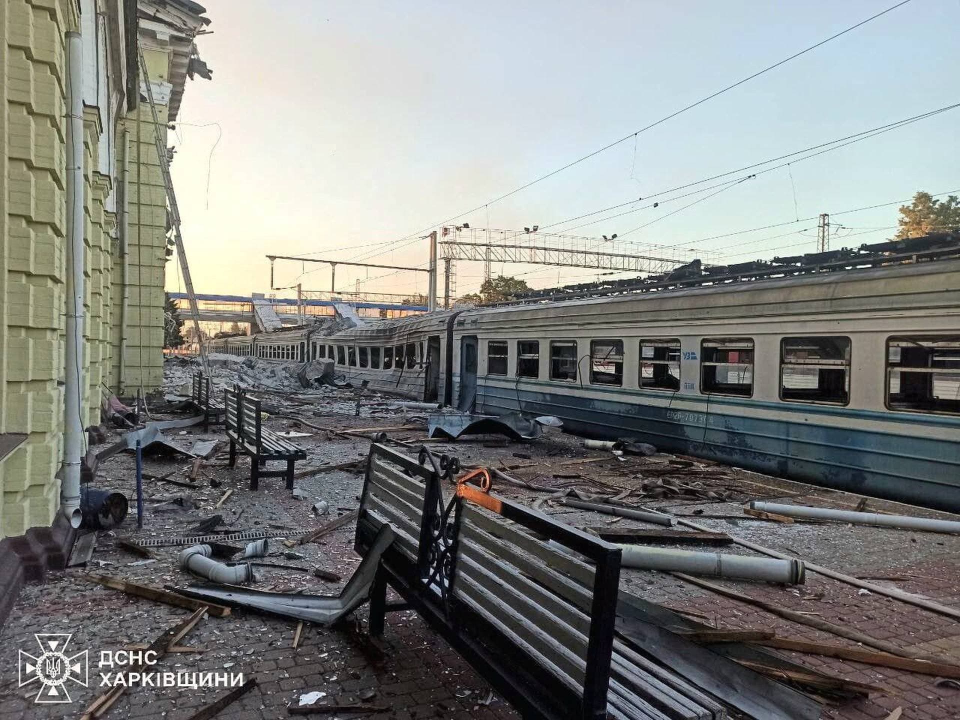 A train, damaged during a Russian drone strike, at a railway station in the town of Lozova