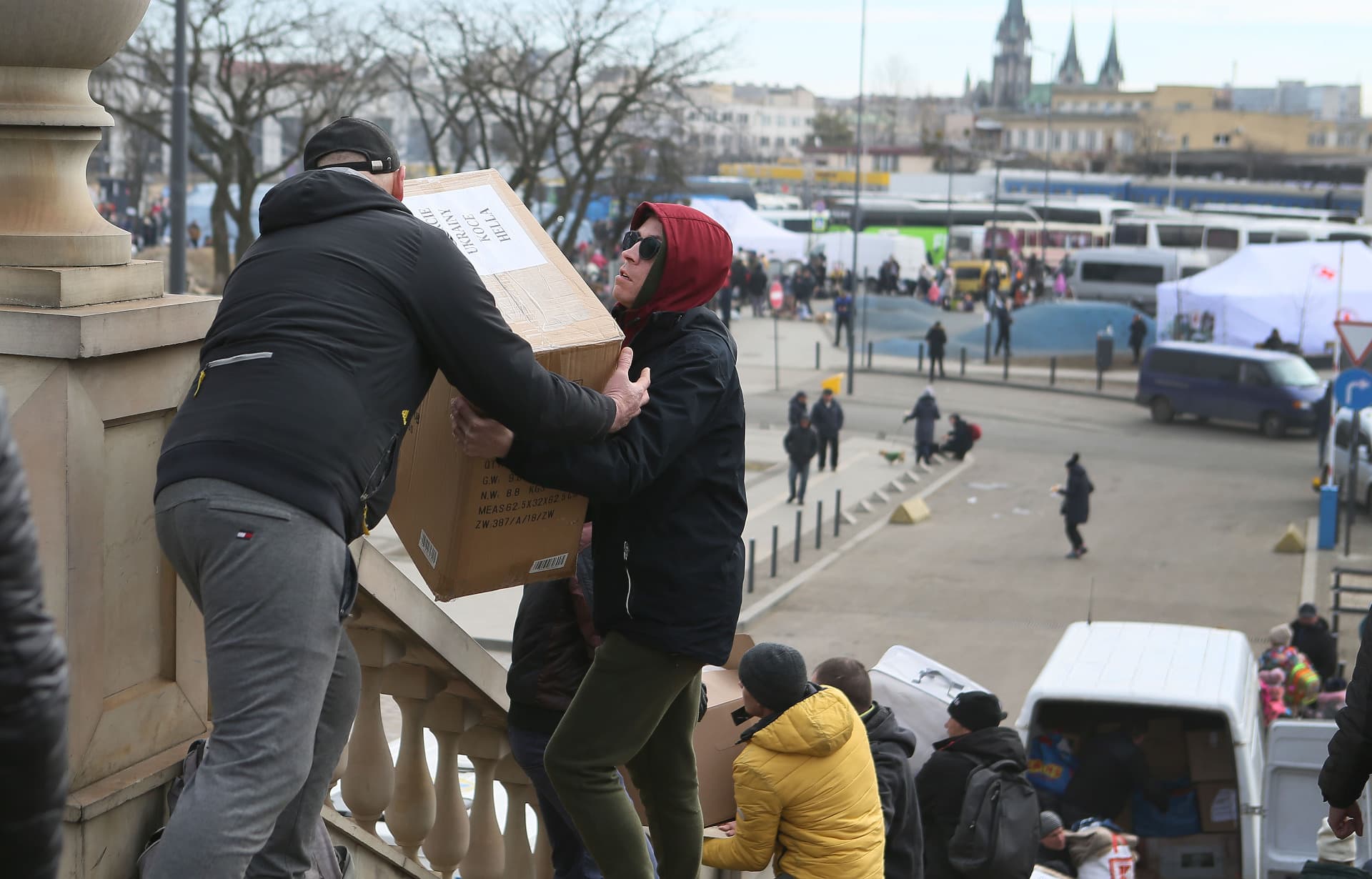 Volunteers work on the territory of the refugee center in Lviv