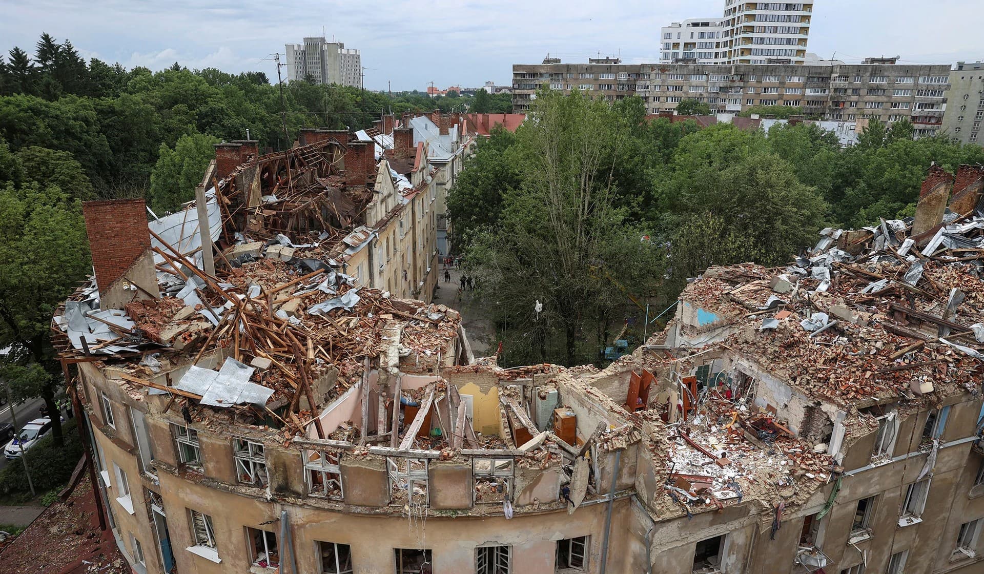 A residential building hit by a Russian missile strike the previous day in Lviv