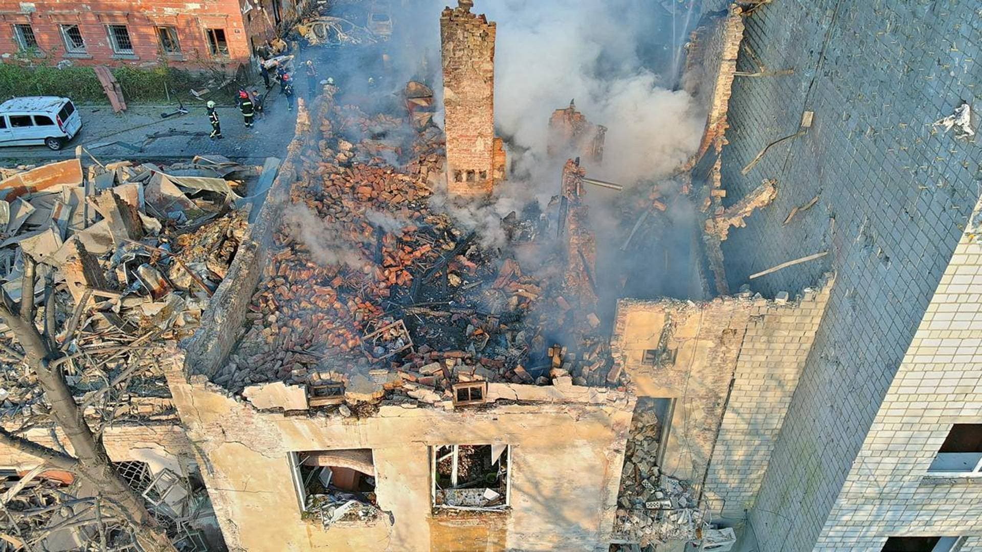 A drone view shows a residential building heavily damaged during a Russian drone and missile strike in Lviv