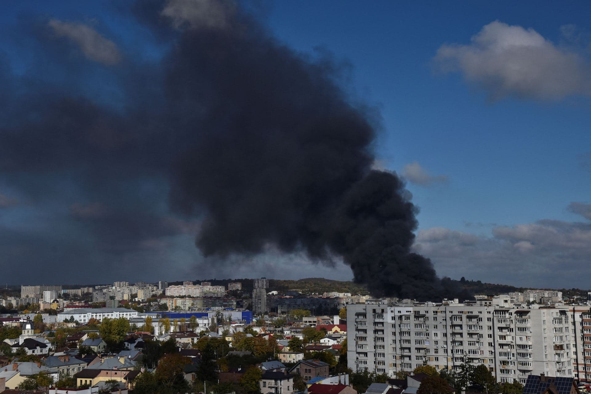 Smoke rises over the city after Russian missile strikes in Lviv