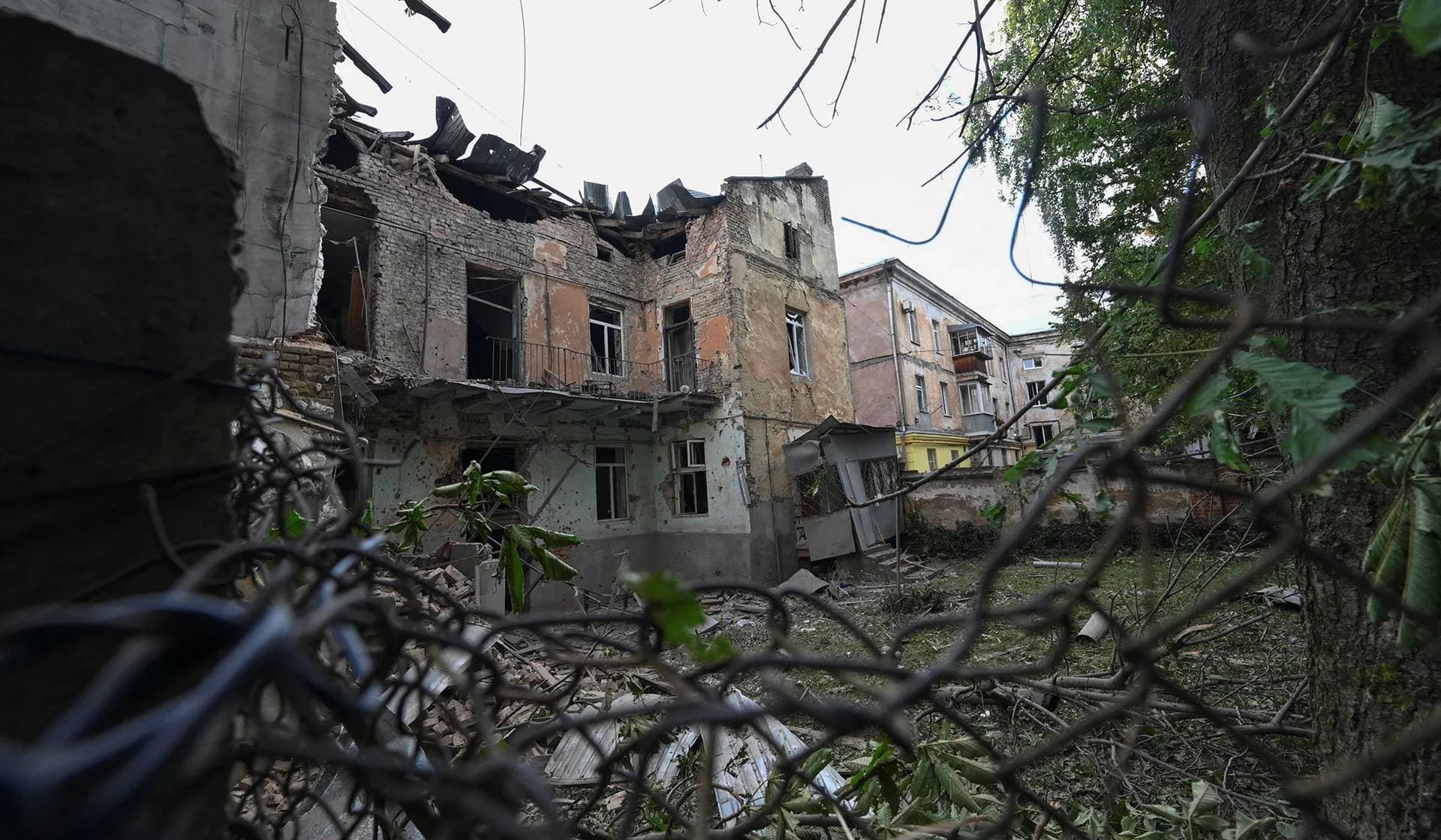 An apartment building damaged during Russian drone and missile strikes in Lviv