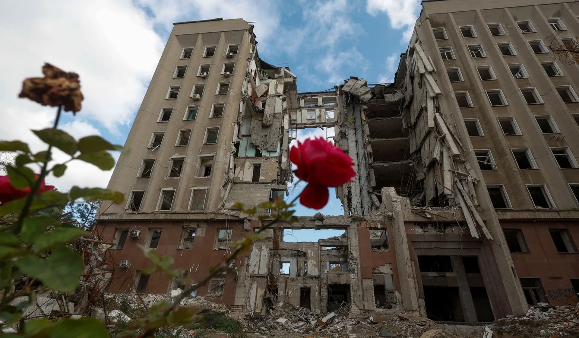 The regional council building destroyed by a Russian missile strike in Mykolaiv