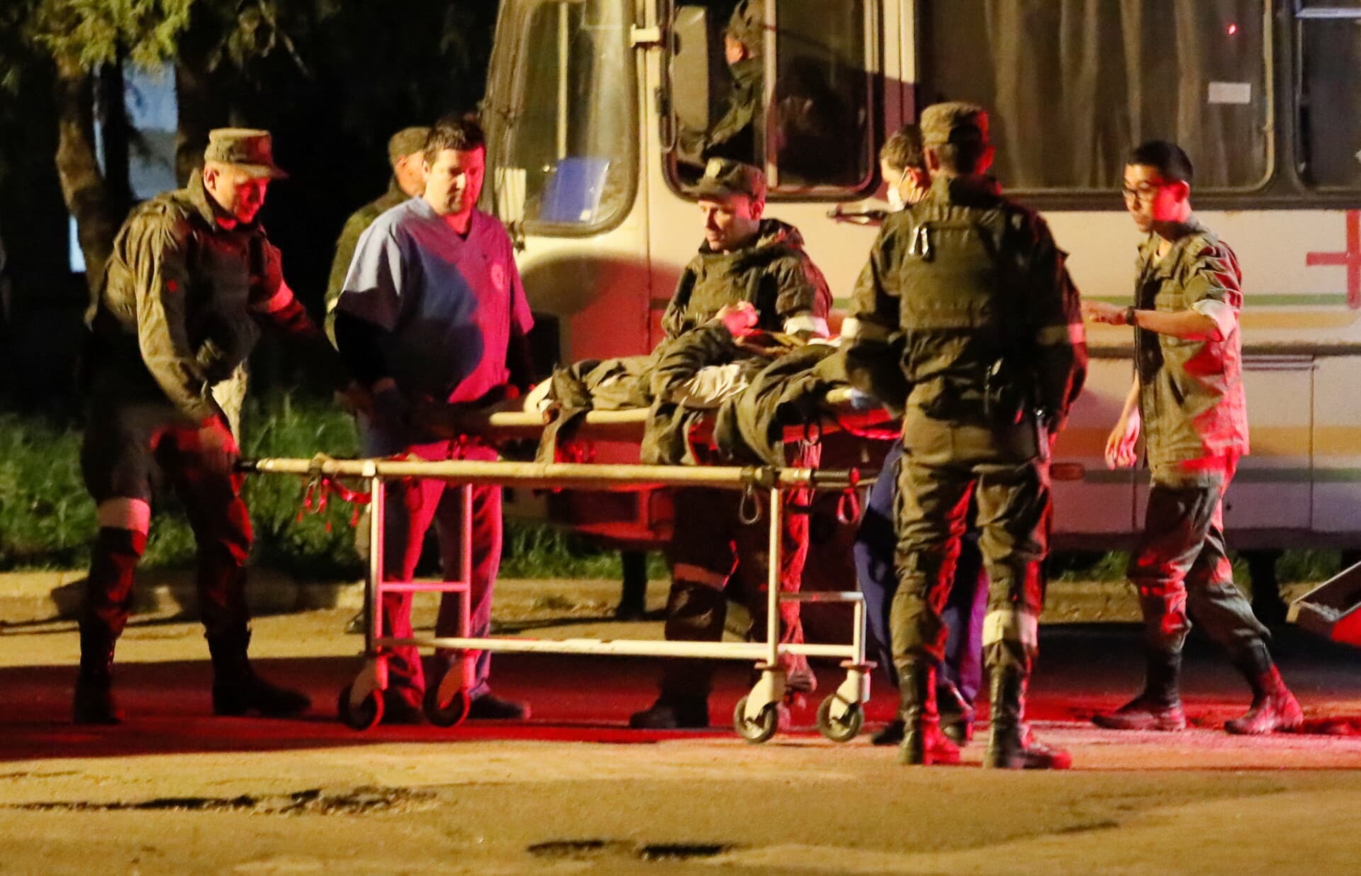 A wounded Ukrainian solider it carried on a stretcher after being evacuated from the Azovstal steelworks