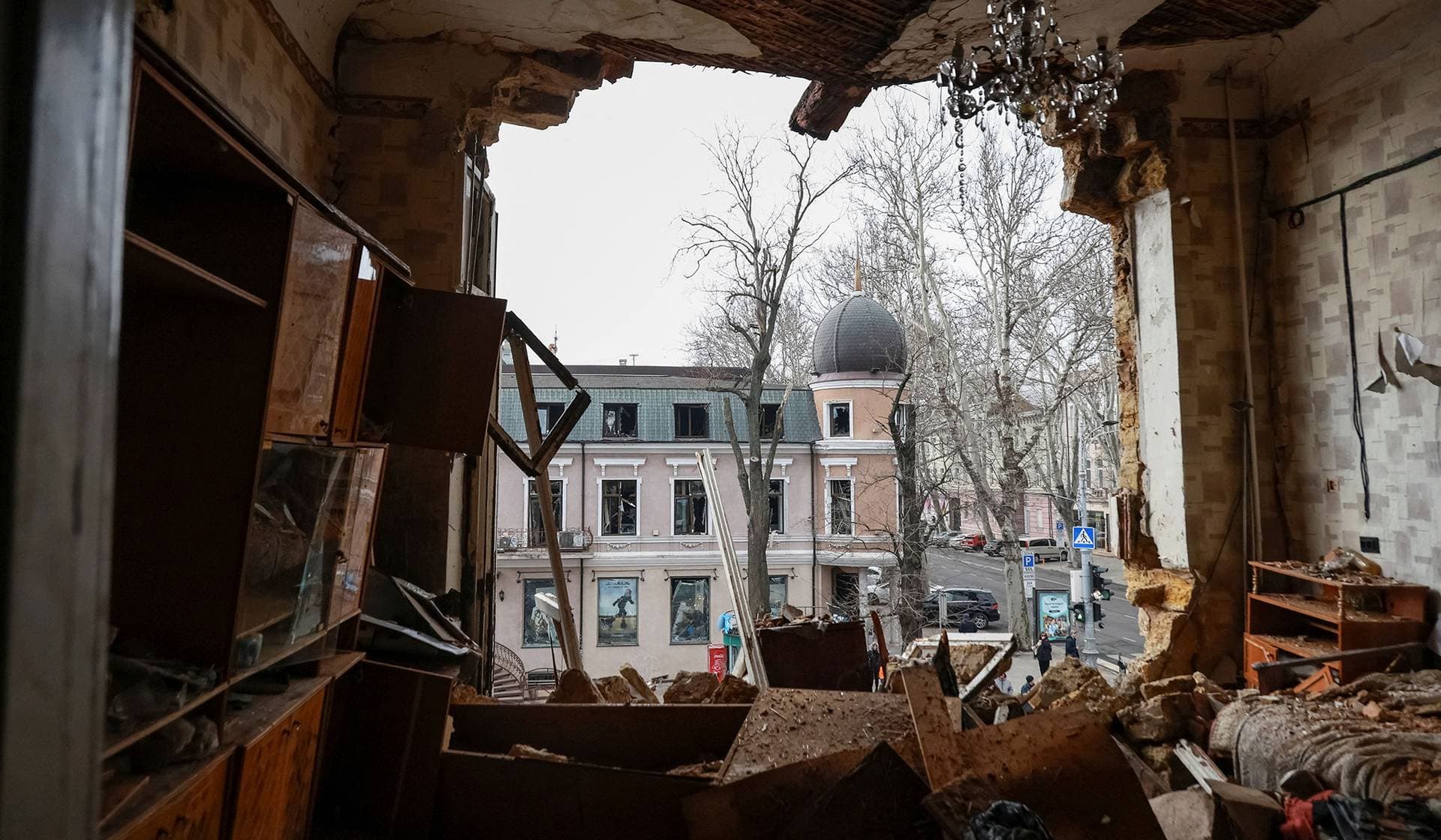 Interior of the damaged room in the apartment building hit by a Russian drone strike in Odesa
