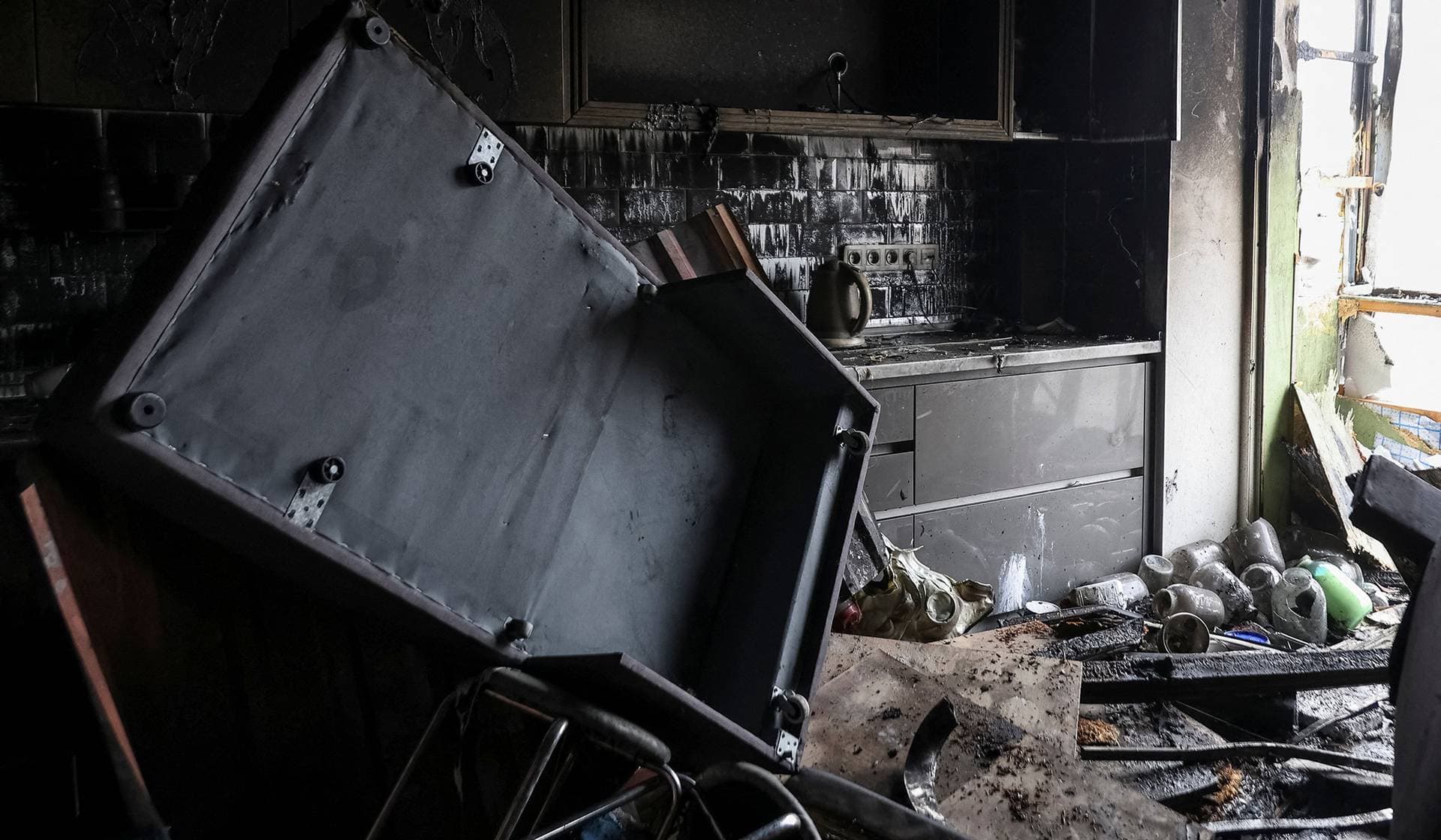 Interior of the damaged apartment in a building hit by a Russian drone strike in Chornomorsk