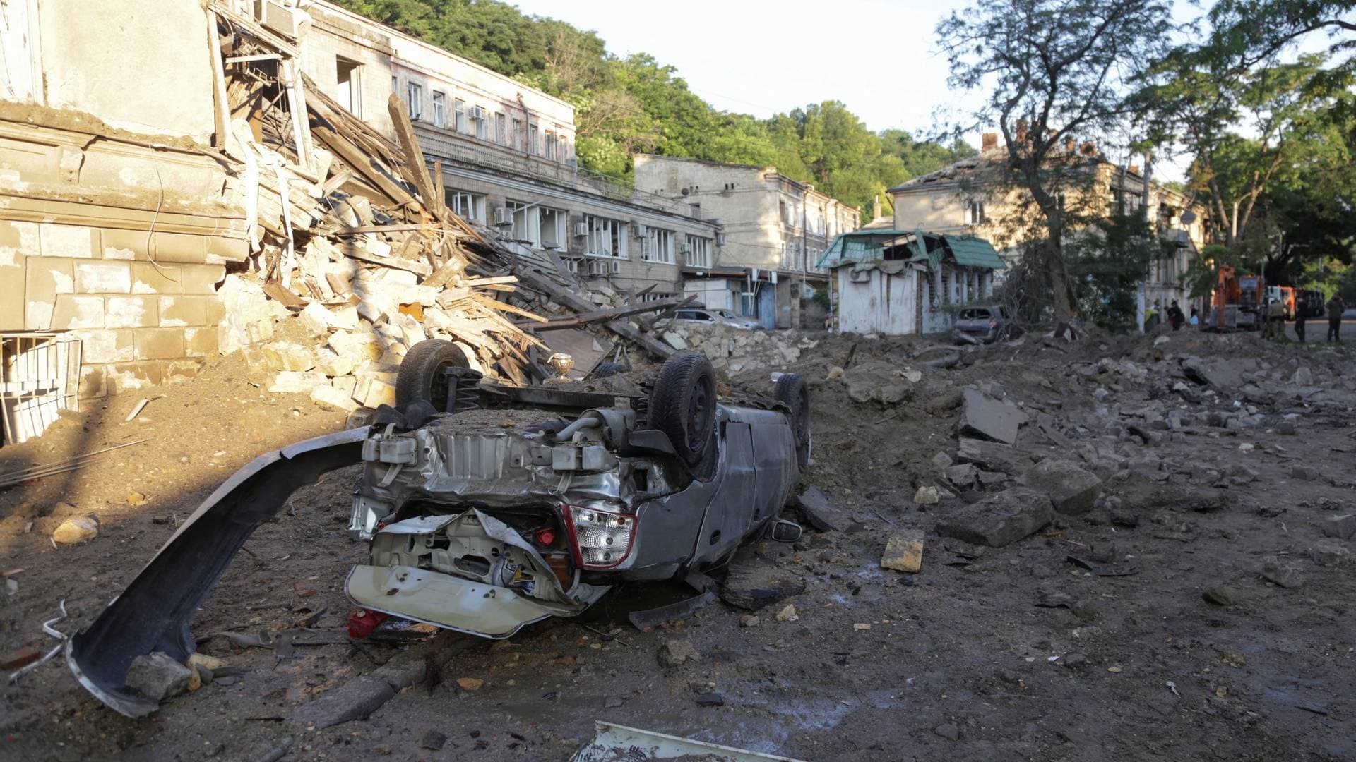 A view shows a residential building damaged during a Russian missile strike in Odesa
