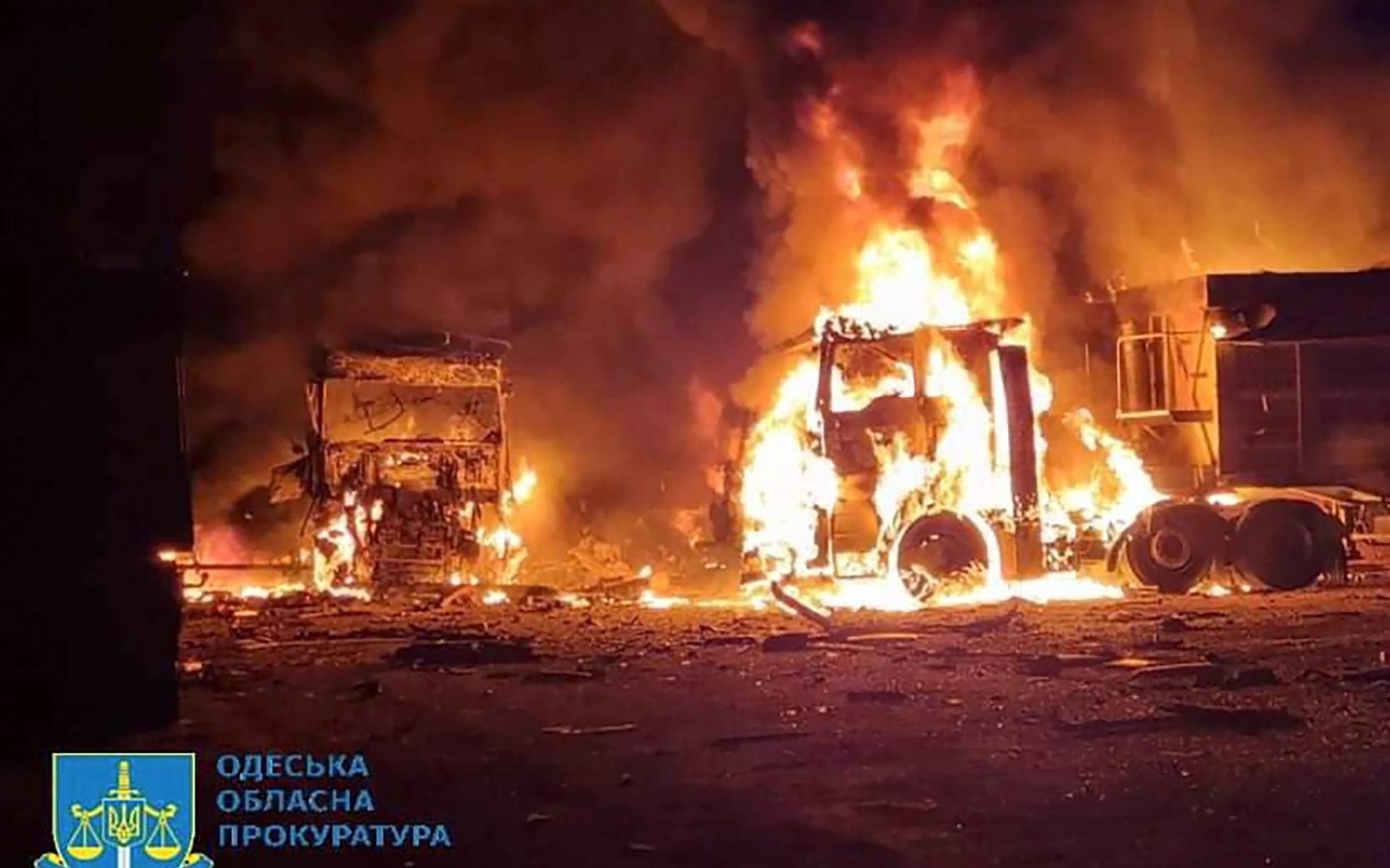 a burning tracks are seen in Odesa, following Russian drone attacks