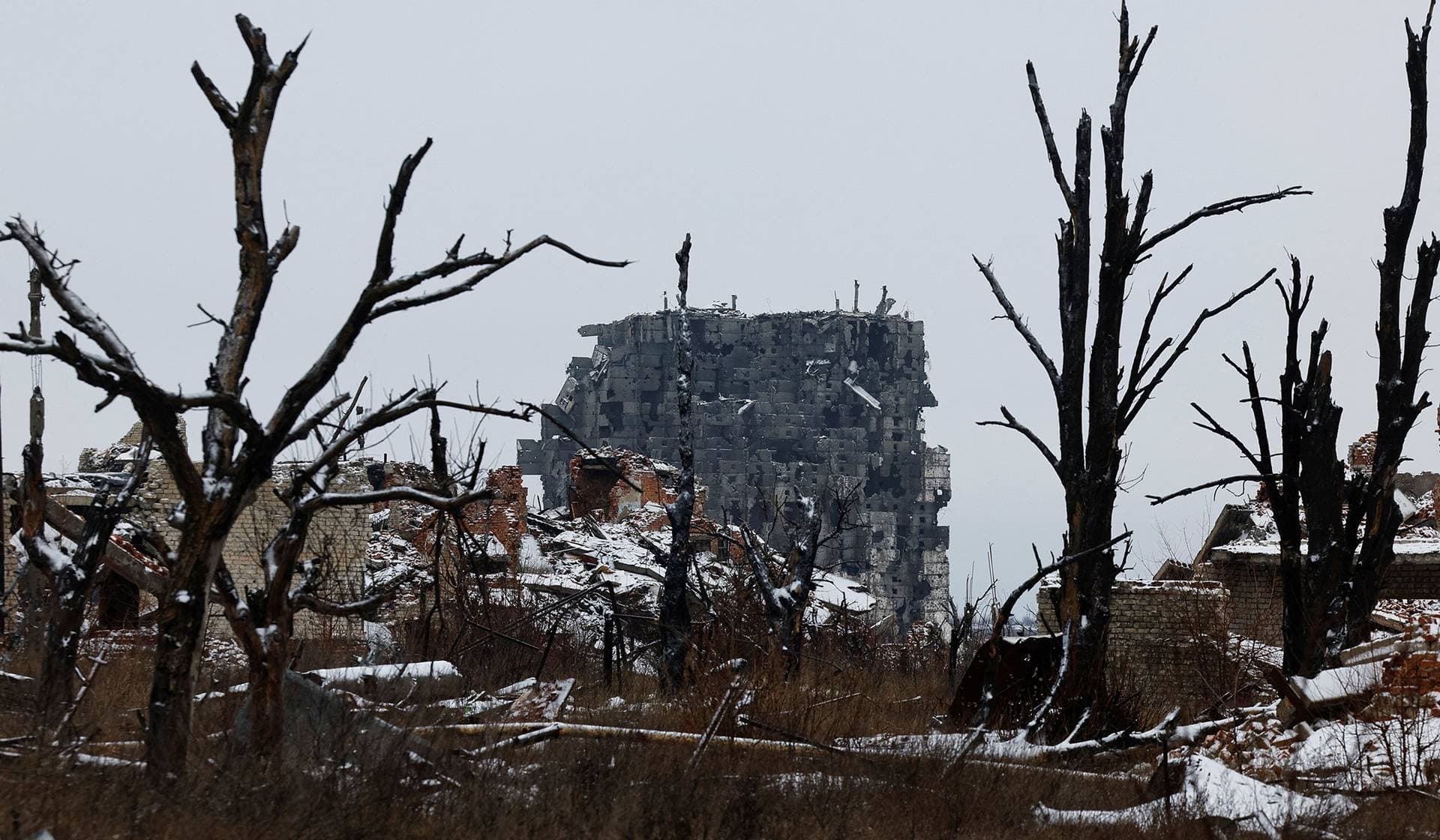 The ruins of a building in the abandoned town of Marinka (Maryinka)