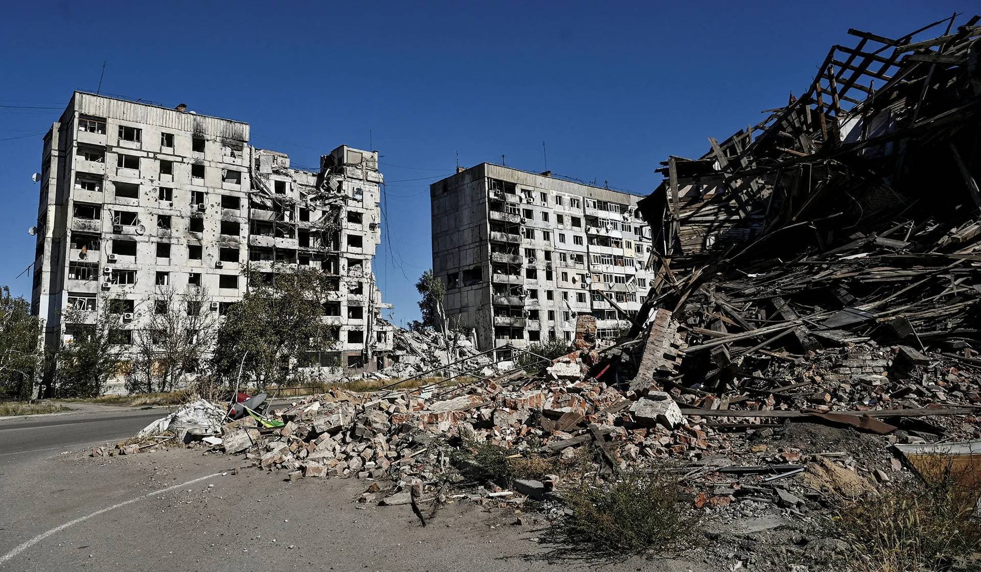 Apartment buildings damaged by Russian military strikes in Orikhiv