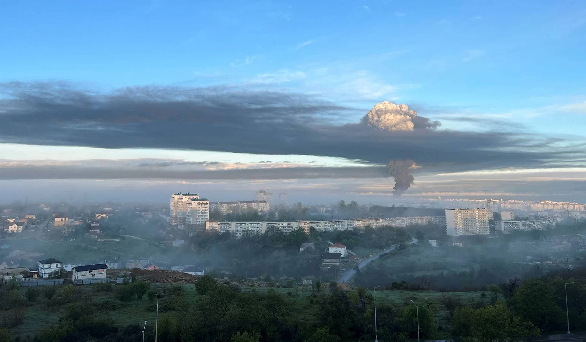 Smoke rises following an alleged drone attack in Sevastopol