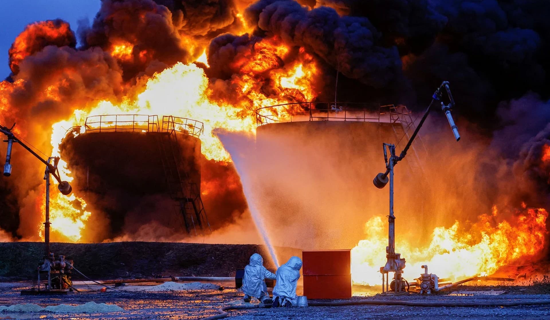 Firefighters work to extinguish fire following recent shelling at an oil storage facility in Shakhtarsk