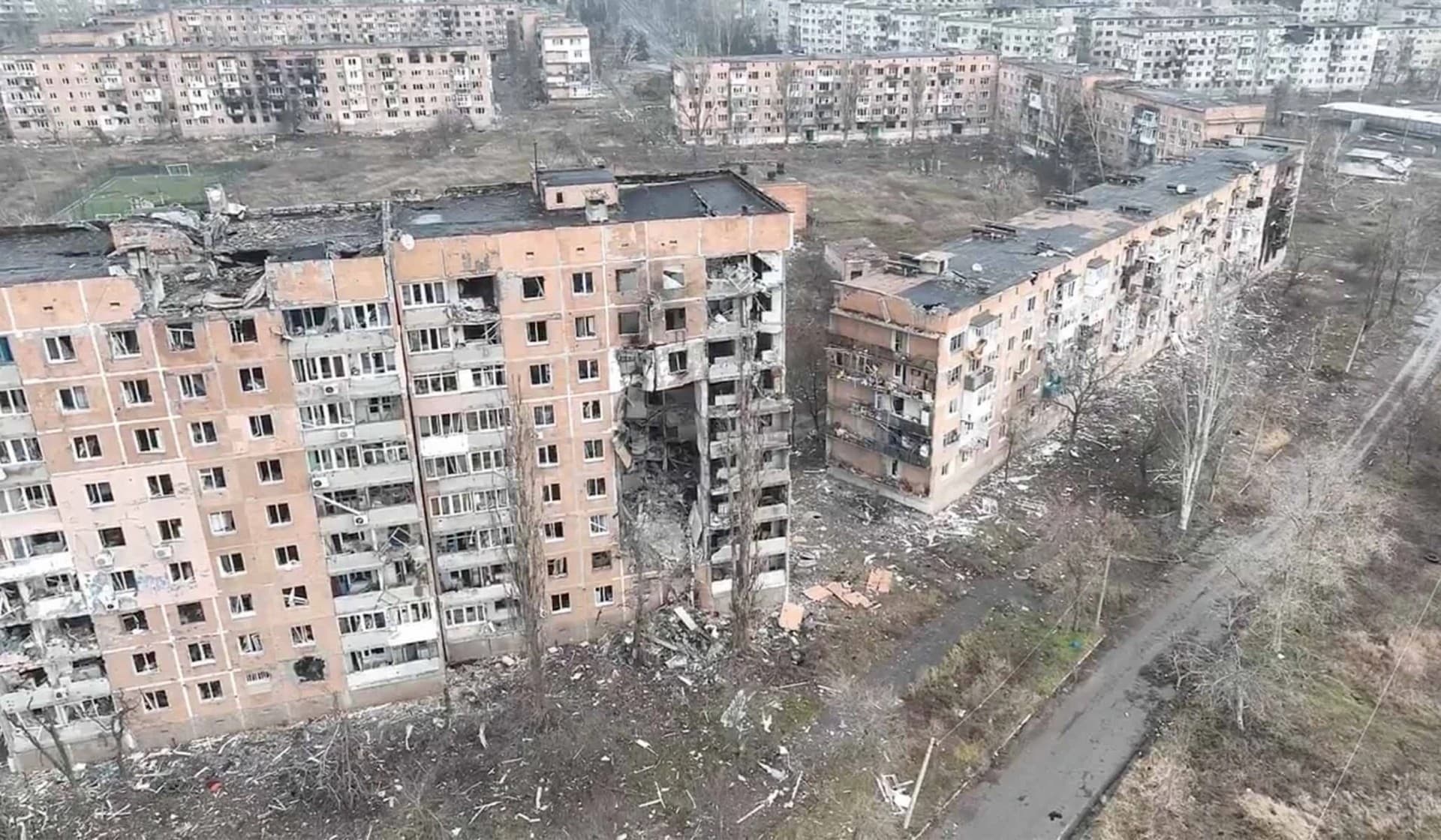 An aerial view shows damaged building in Vuhledar