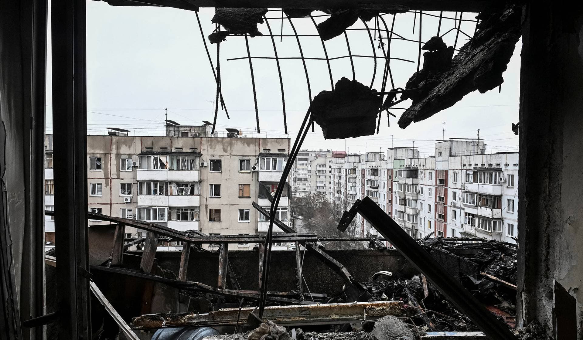 The interior of the damaged flat in an apartment building hit by a Russian drone strike in Zaporizhzhia