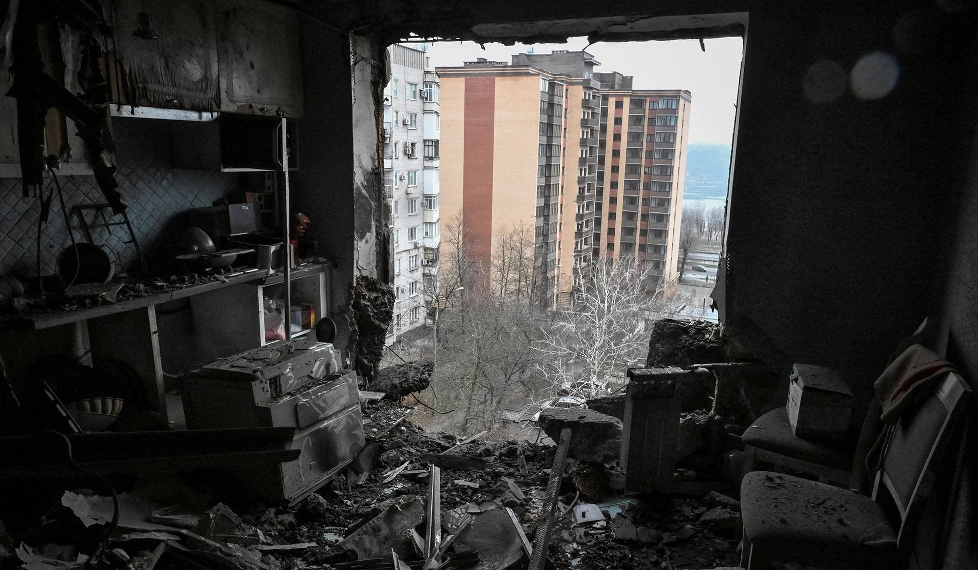 Interior of the damaged flat in an apartment building hit by a Russian drone strike in Zaporizhzhia